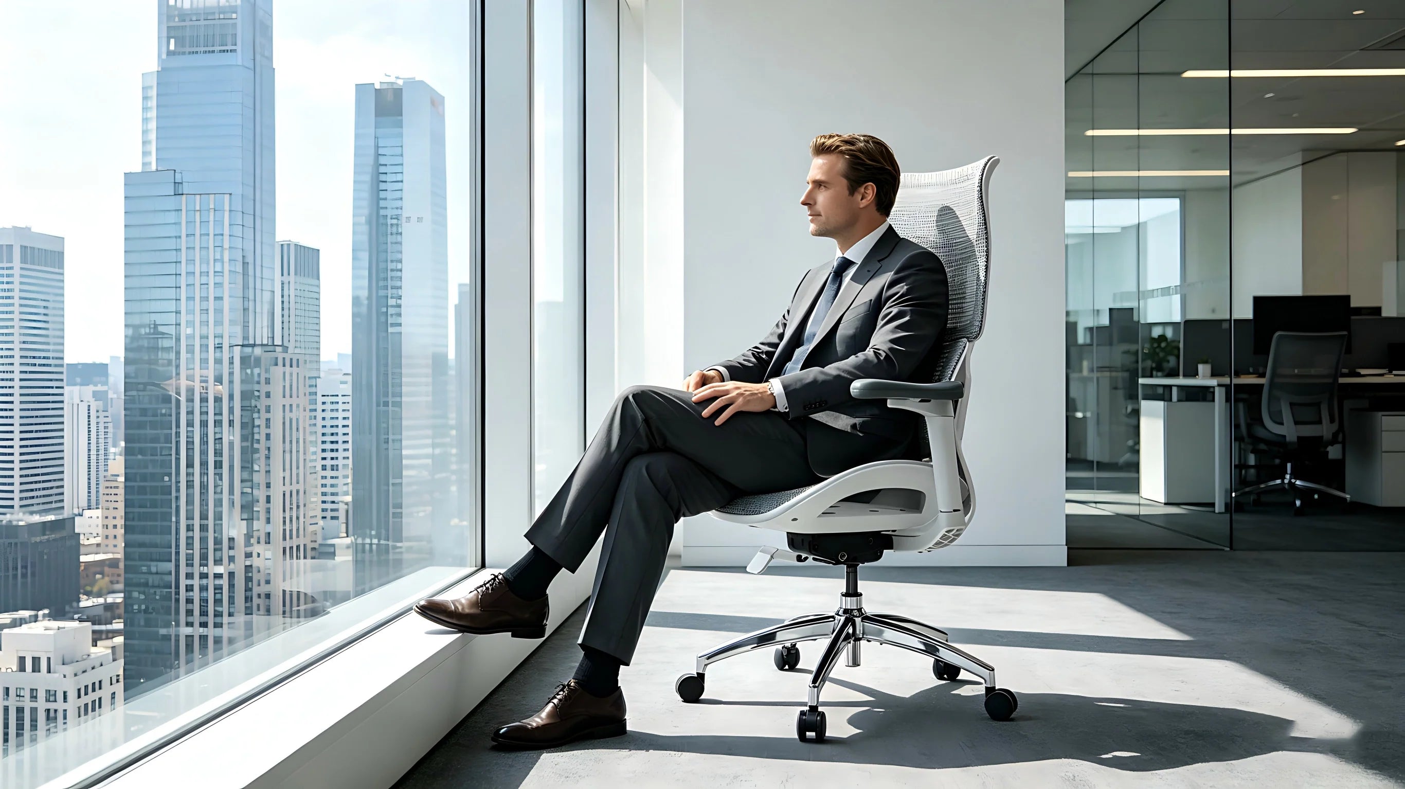 Rear view showing the bionic dual-wing support on the ergonomic chair for back pain stabilizing the lower lumbar.