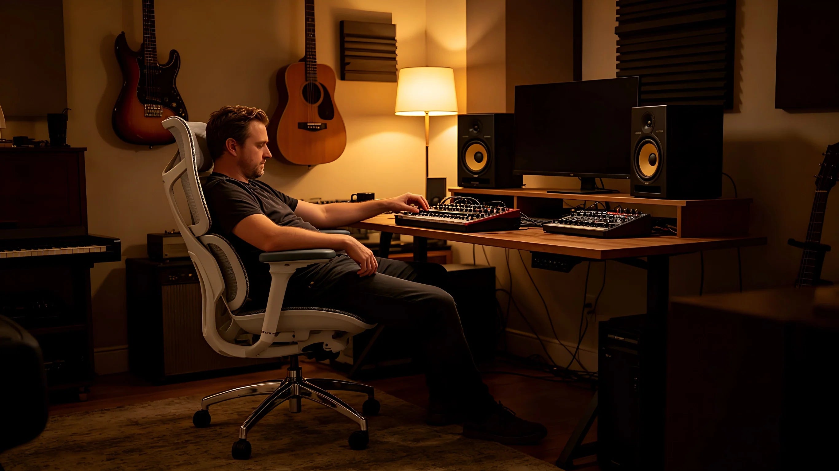 Rear view showing the bionic dual-wing lumbar support of the best desk chair adjusting to a music producer's posture.