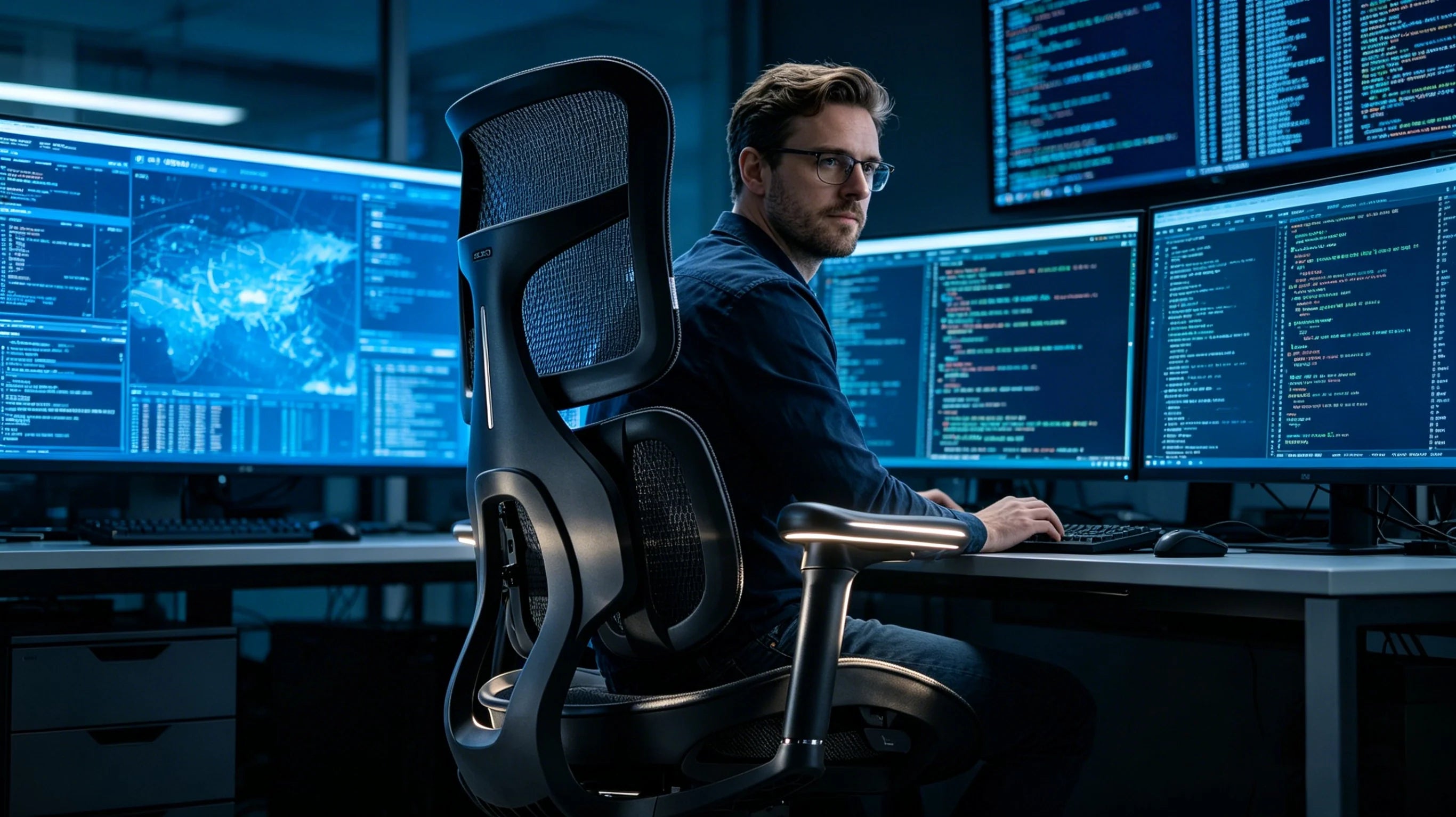 Rear view showing the bionic dual-wing support system of the ergonomic office chair by Ergo Select.