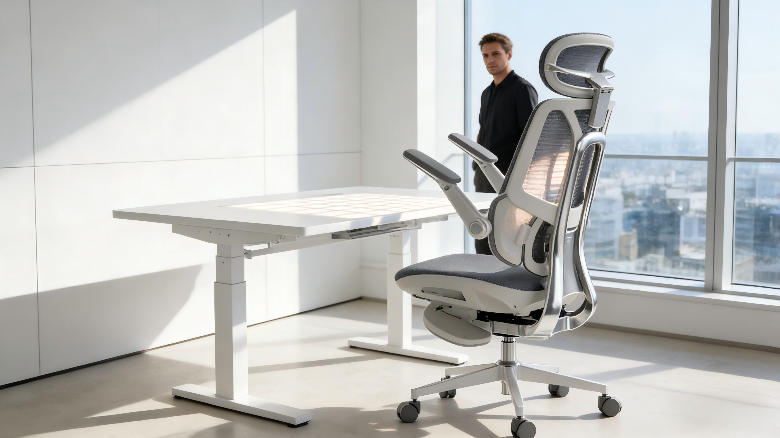 S-shaped bionic support on a grey-white ergonomic office chair