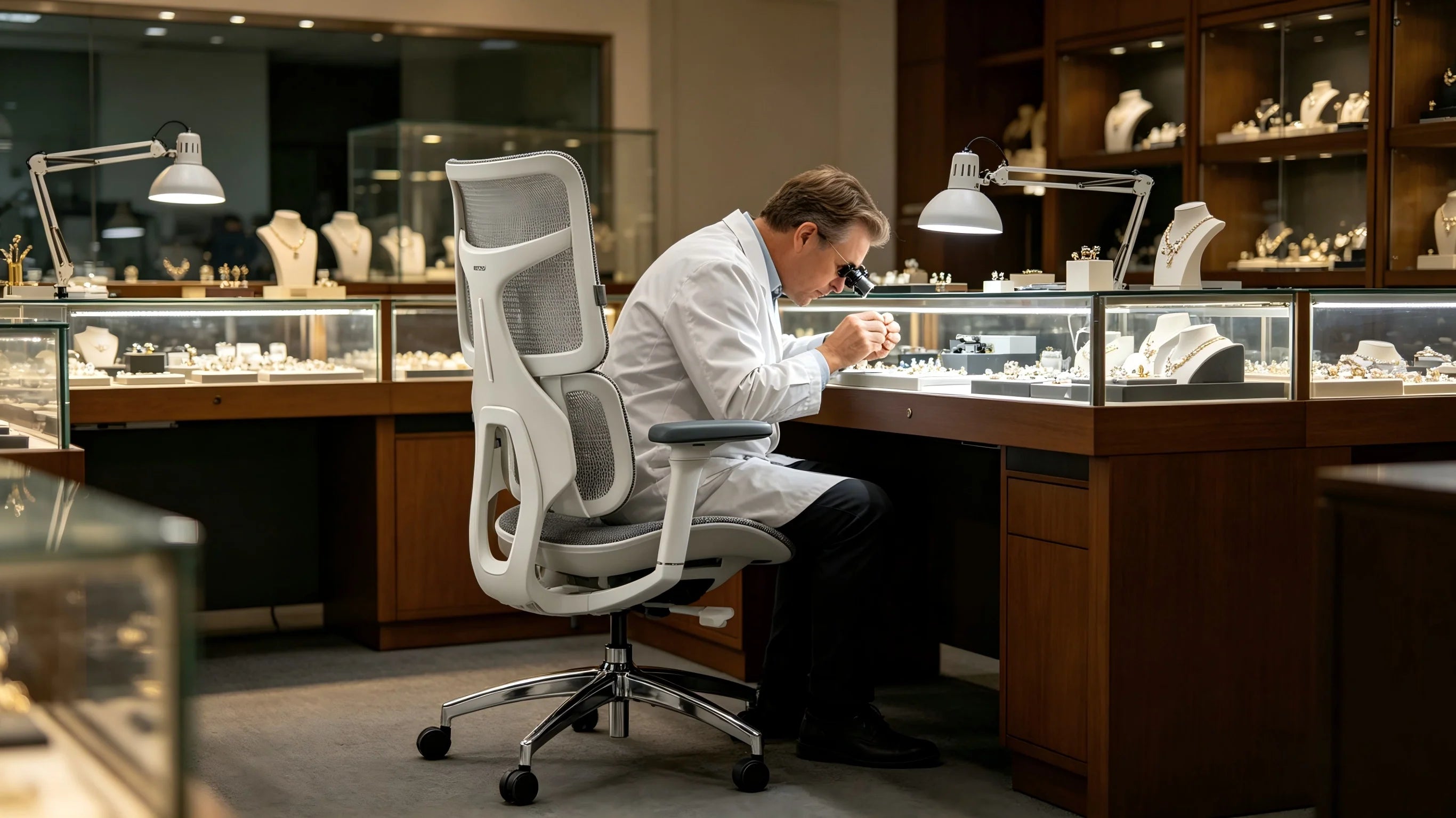Rear view showing the bionic dual-wing support system of the ergonomic desk chair by Ergo Select.