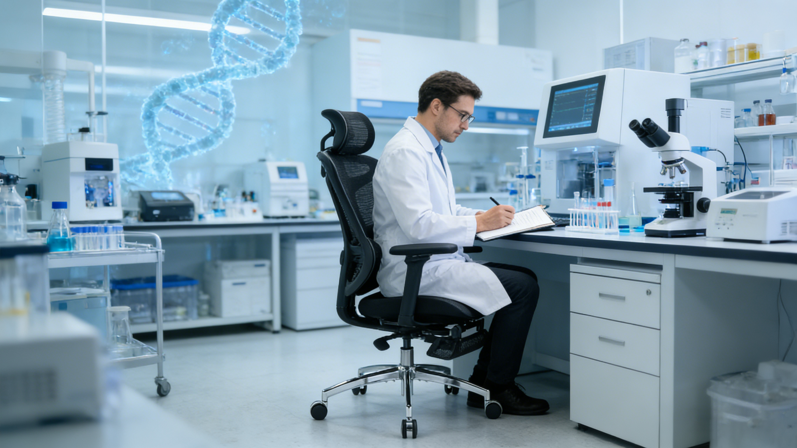 High-performance ergonomics chair in a biotech research facility