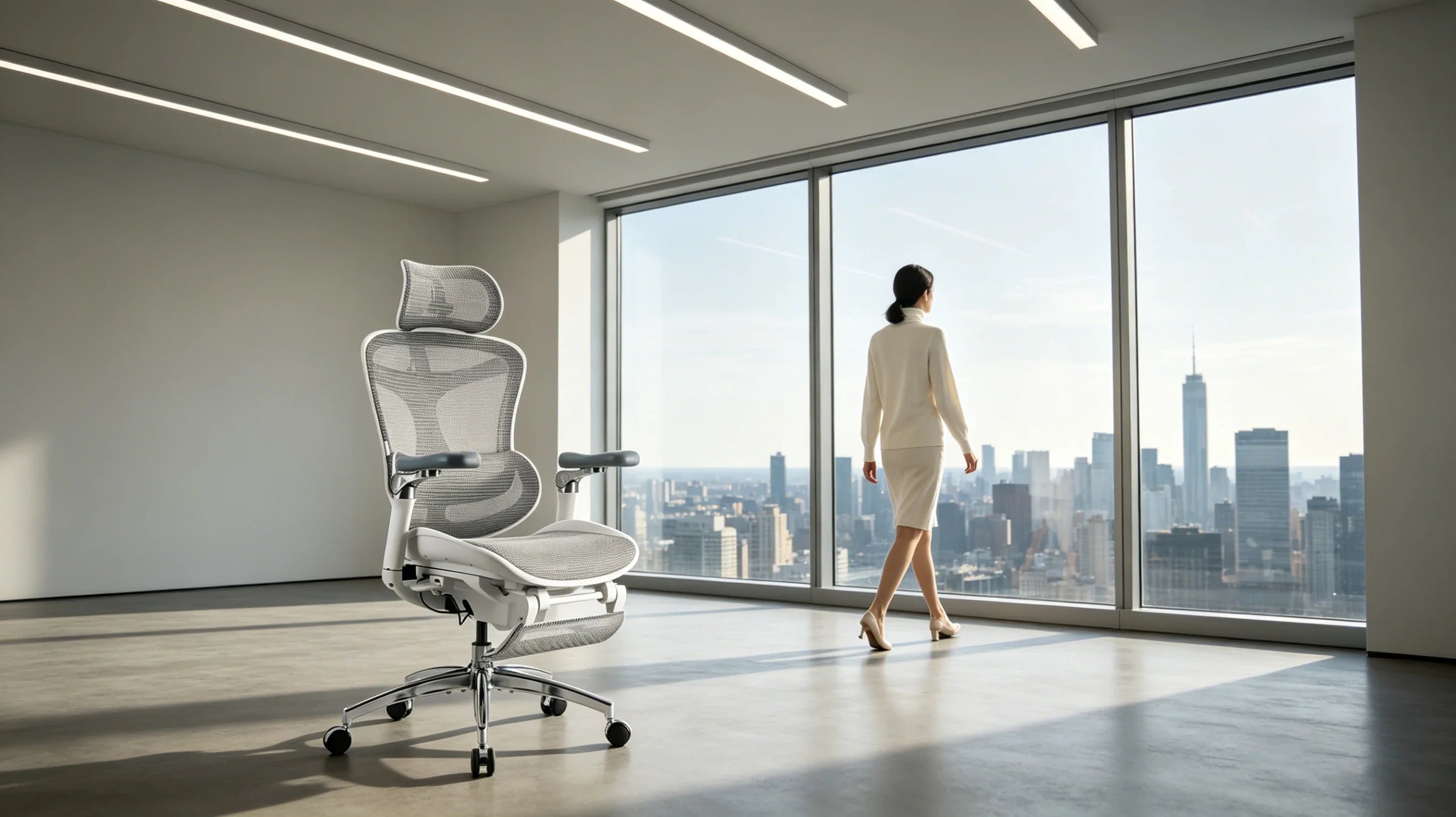 Full body view of a 32-year-old Caucasian female designer in an ivory sweater sitting in the [most comfortable desk chair].
