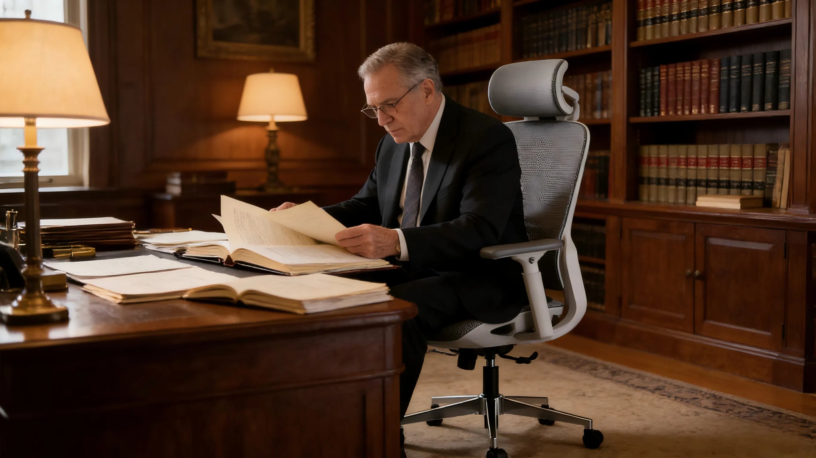 A professional lawyer in a Boston home study using a white-framed erganomic chair.