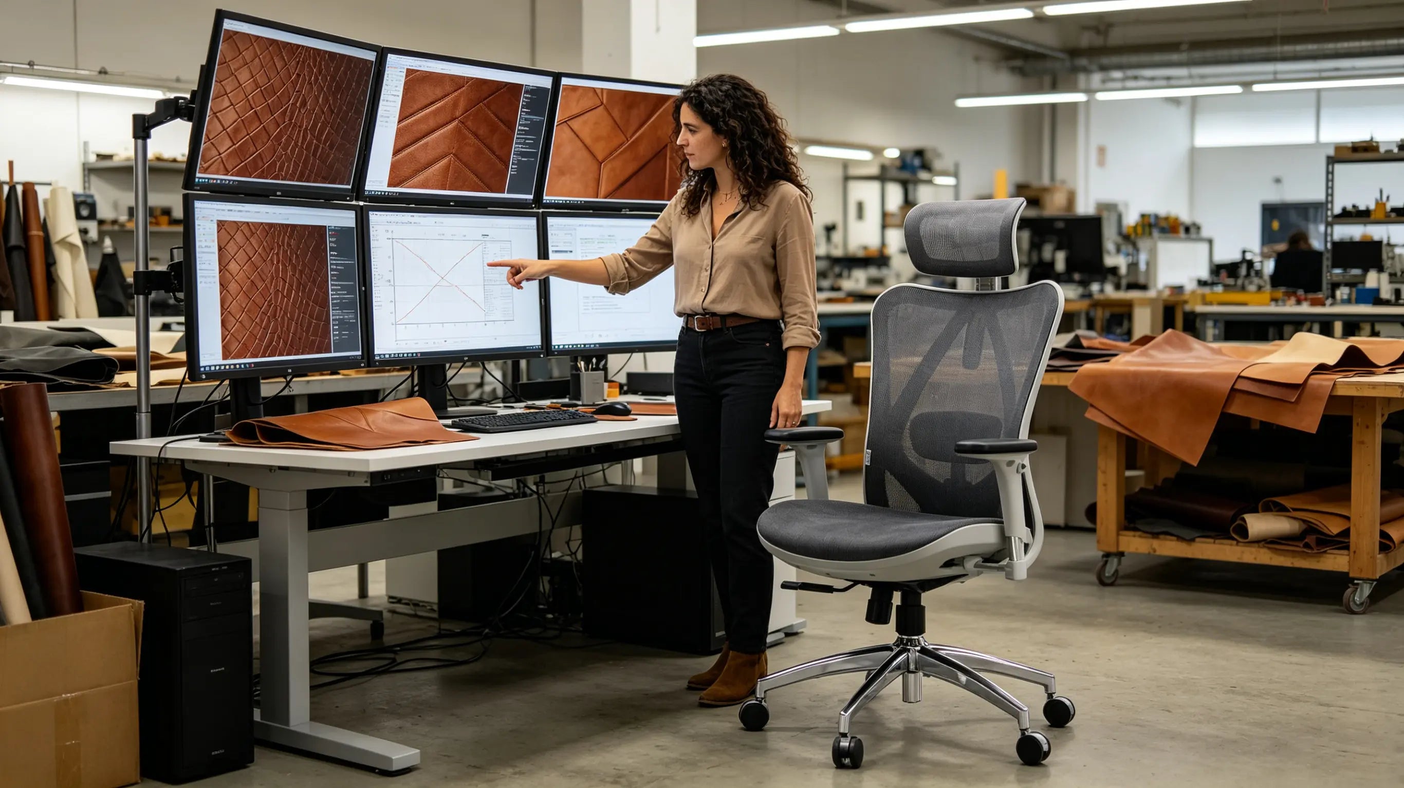 Inés, ingeniera de marroquinería de 34 años, calculando algoritmos de corte textil y cuero sentada en su silla ergonómica para oficina Ergo Select en Barcelona.