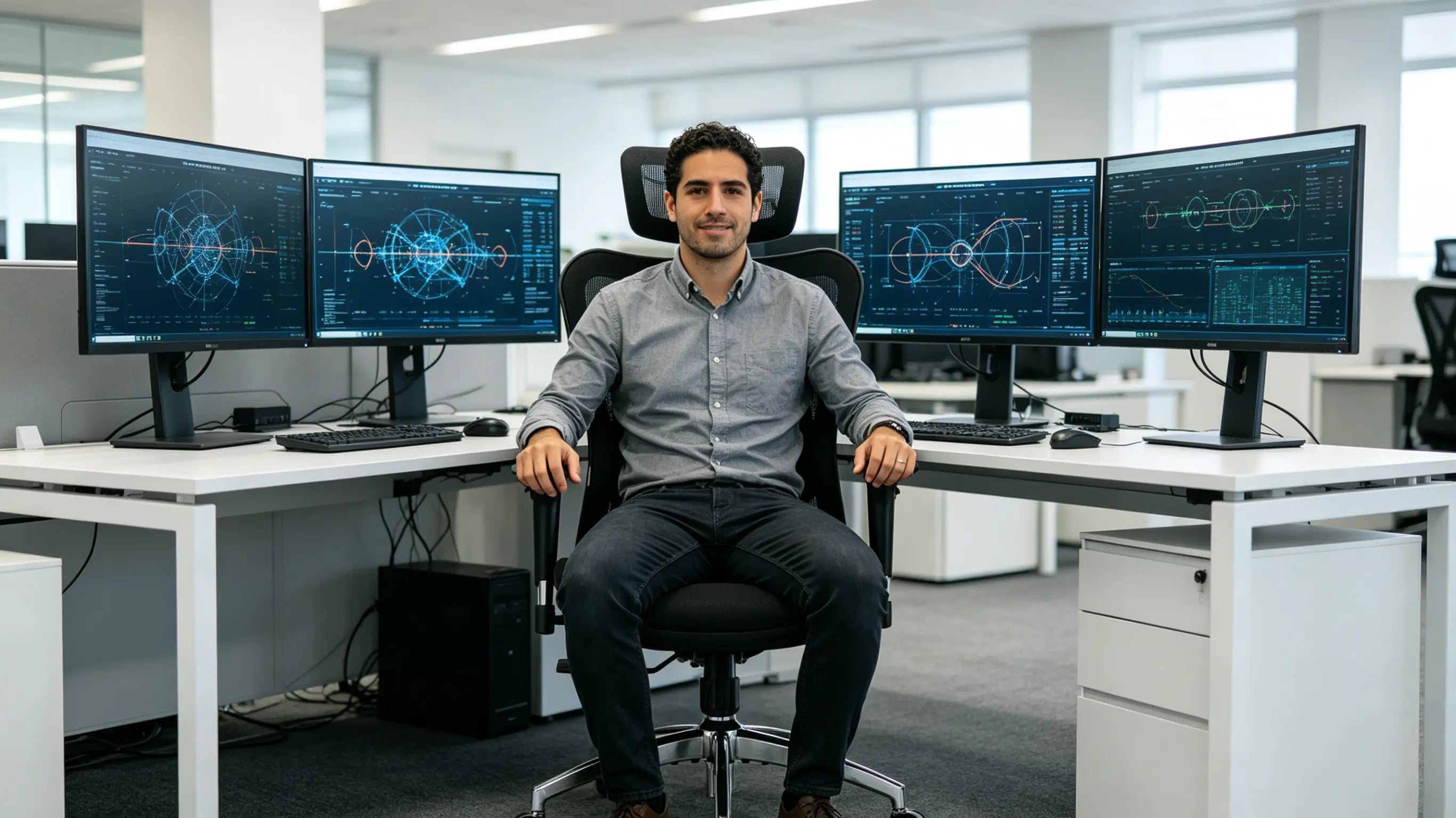 Aarón, ingeniero de simulación criptográfica de 35 años, auditando nodos de seguridad networks sentado en su silla ergonómica de oficina Ergo Select en Madrid.