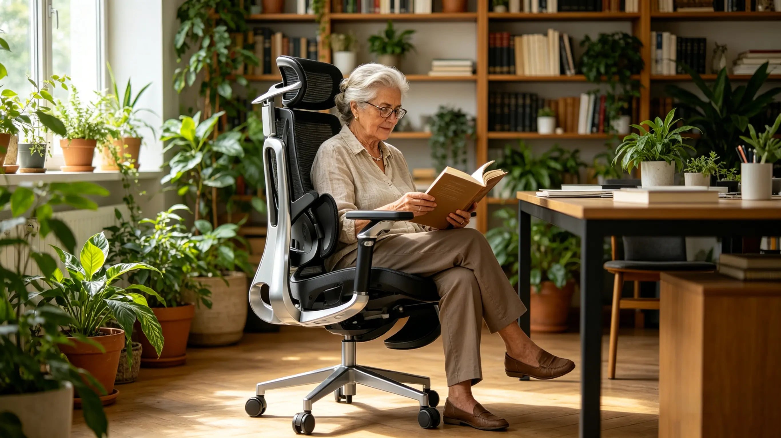 Cabezal ajustable de una silla ergonomica oficina para reducir la fatiga visual y cervical