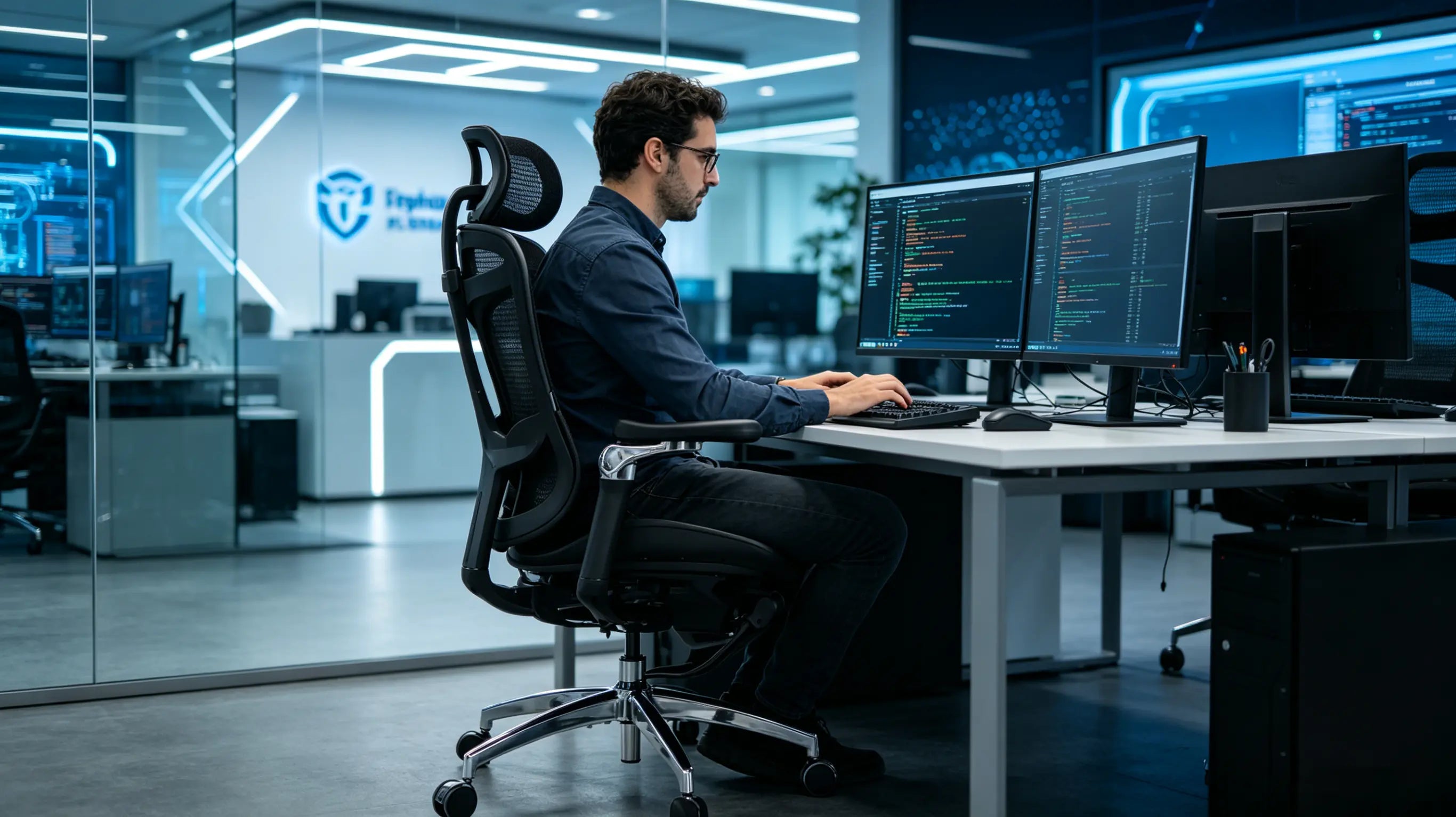 Diego utilizando la silla ergonomica con reposapies de Ergo Select en su despacho de trading
