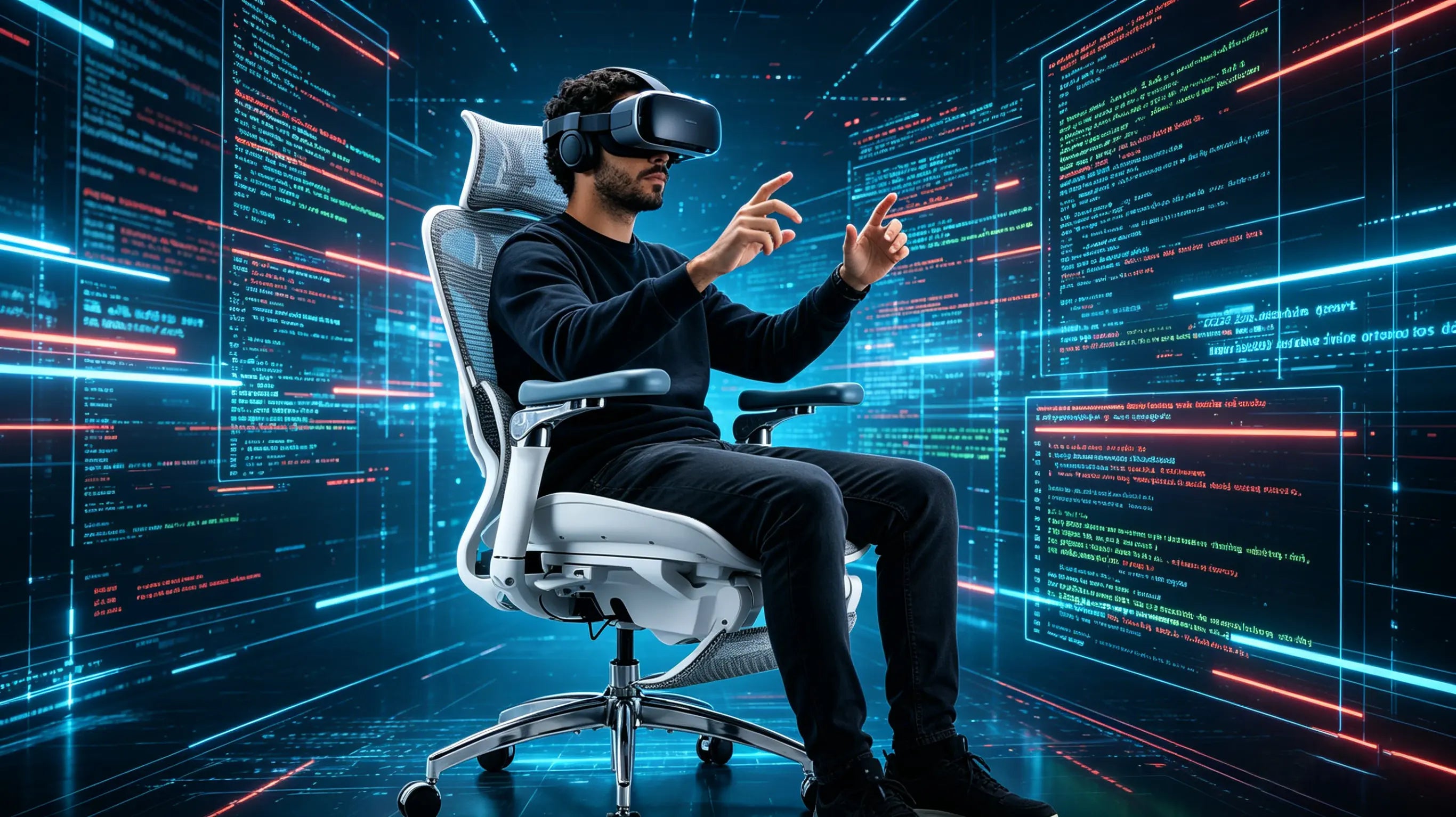 Nacho programando con un casco VR sentado en su silla gamer ergonomica Ergo Select