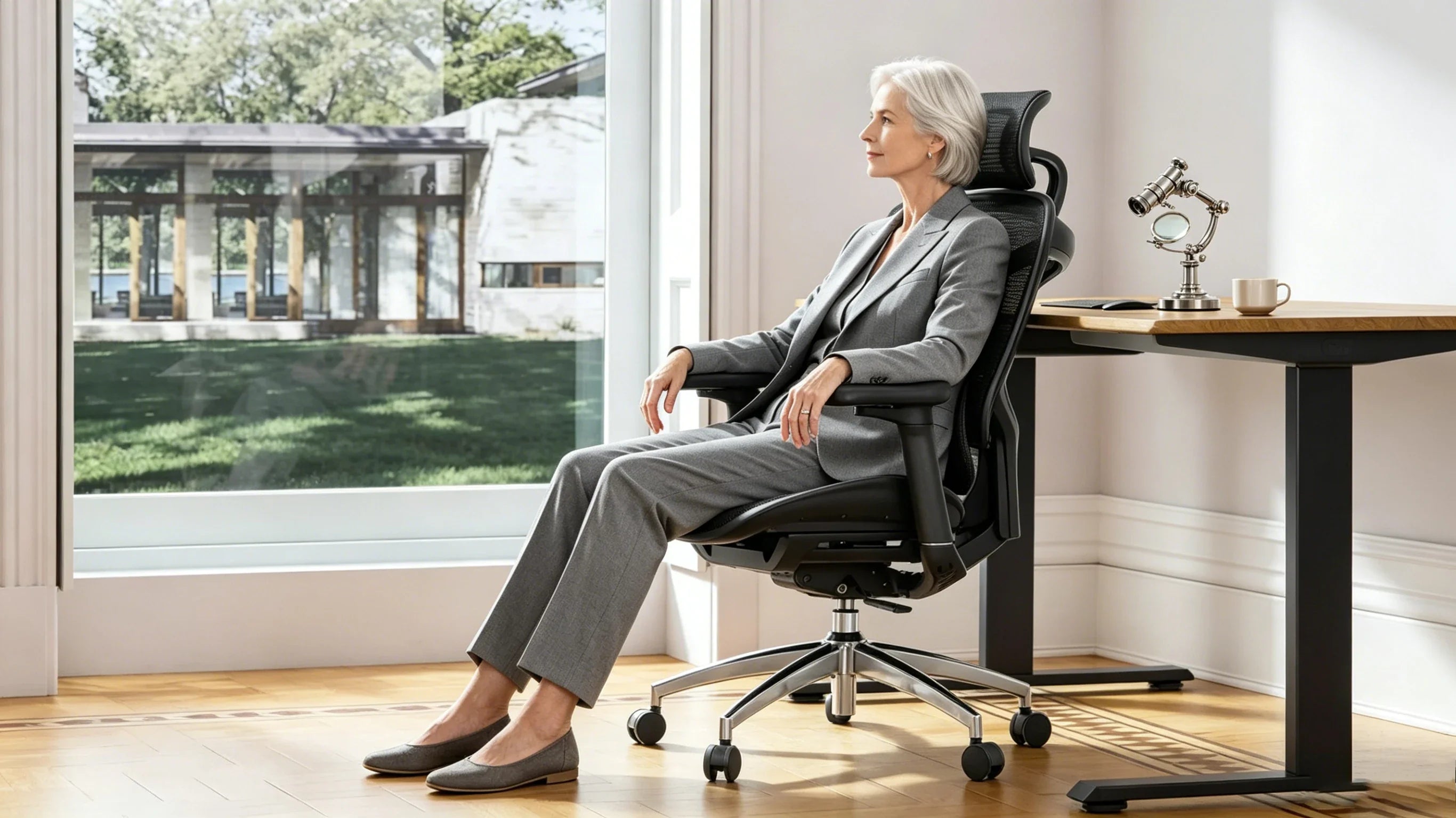 Full body view of a 52-year-old Caucasian female attorney in a grey cashmere suit sitting in the [best office chair back support].