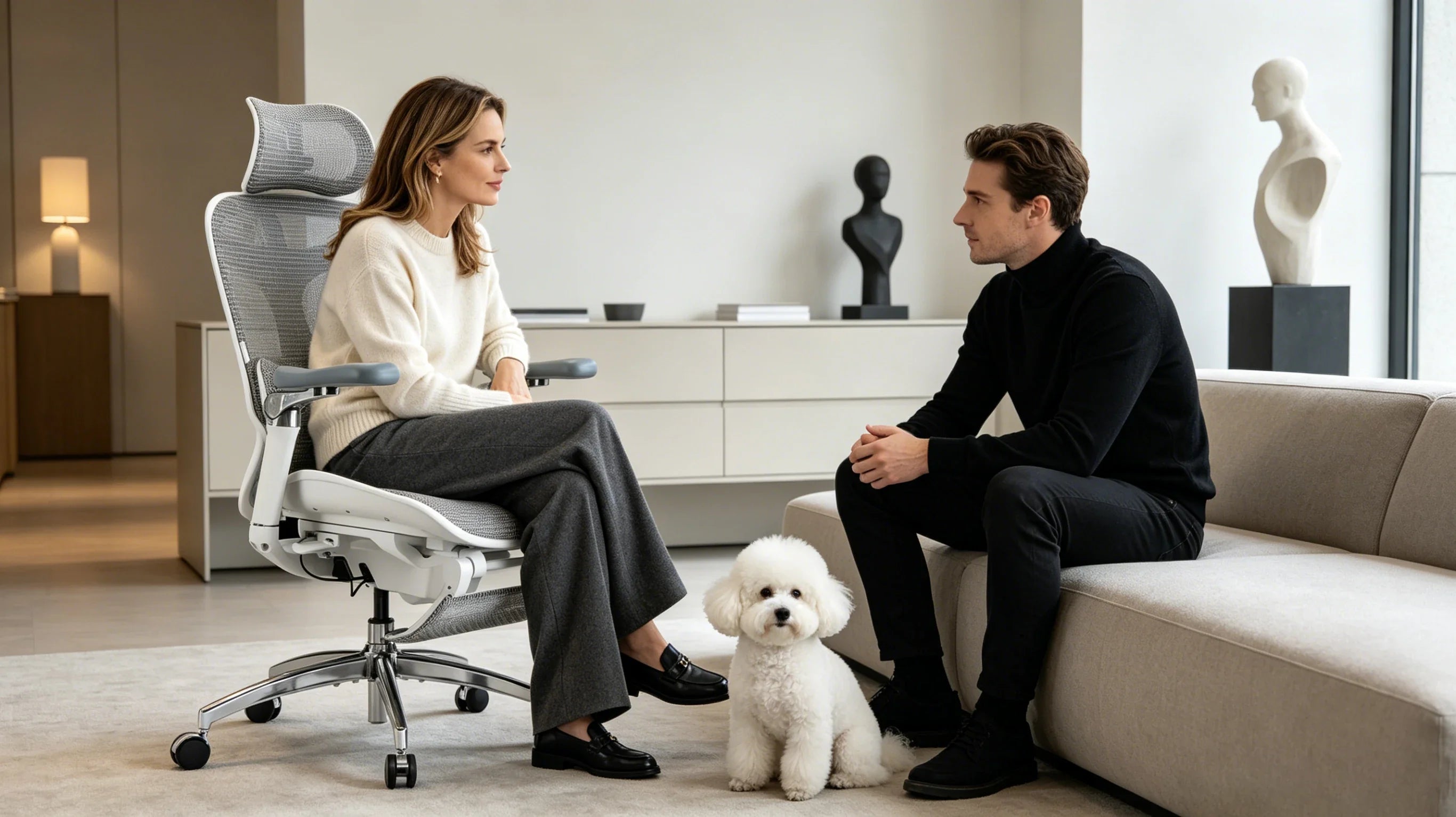 Full body view of a 41-year-old Caucasian female interior designer in a white turtleneck sitting in the [comfortable office seating].