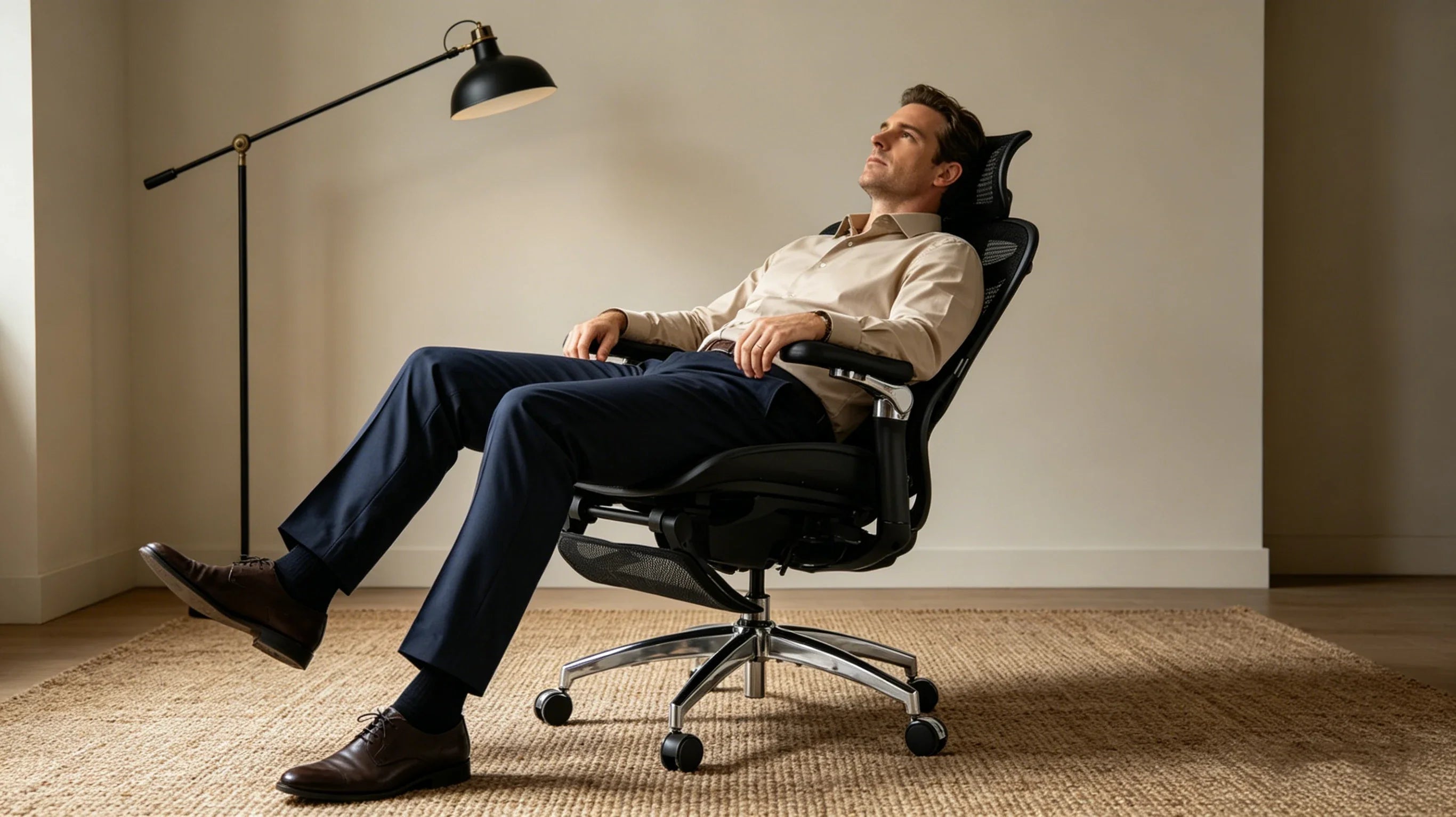 Full body view of a 35-year-old Caucasian female architect in a silk blouse sitting in the [desk chair back support].