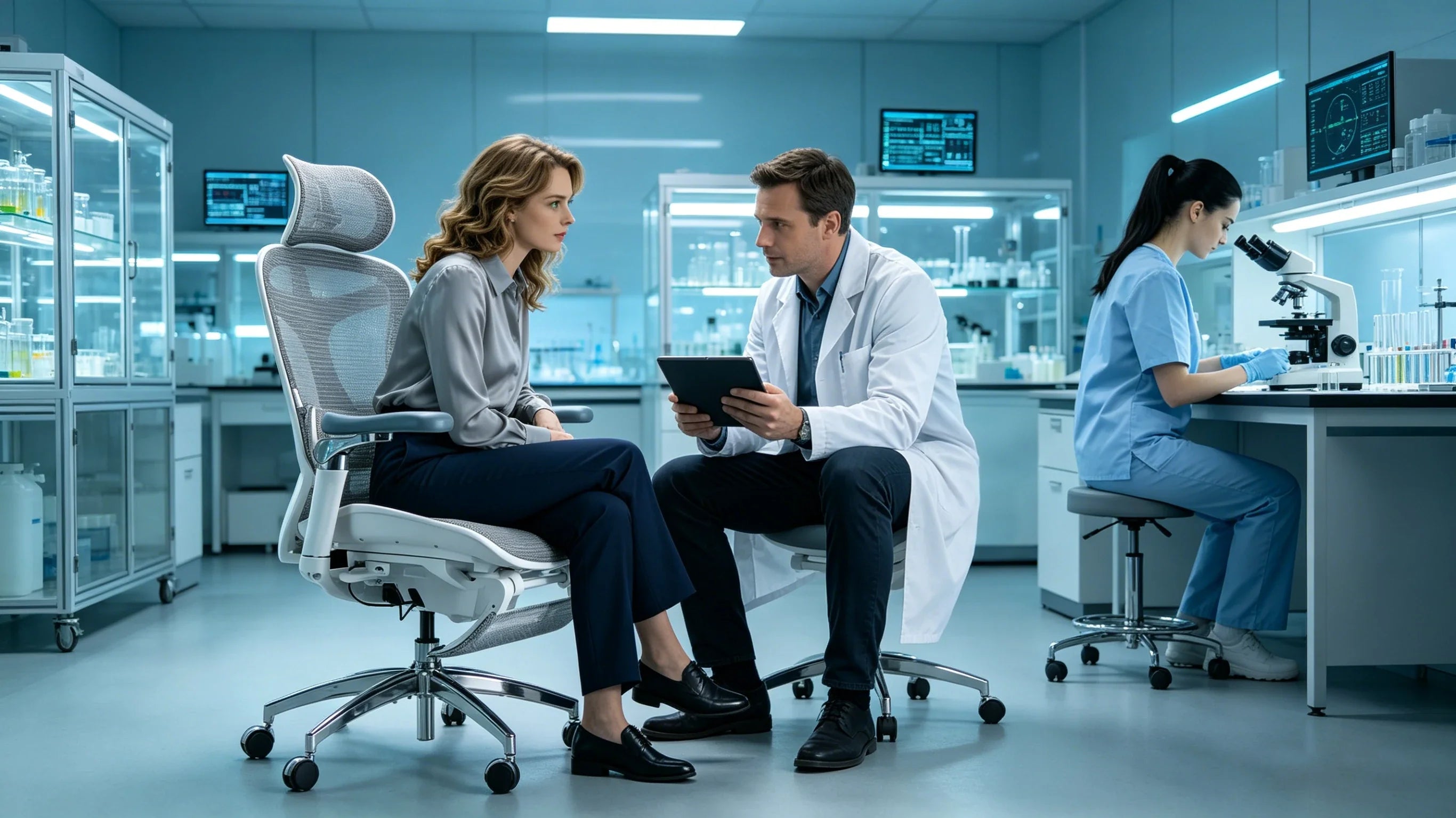 Full body view of a 36-year-old Caucasian female researcher in a grey blouse sitting in the [good ergonomic desk chair].
