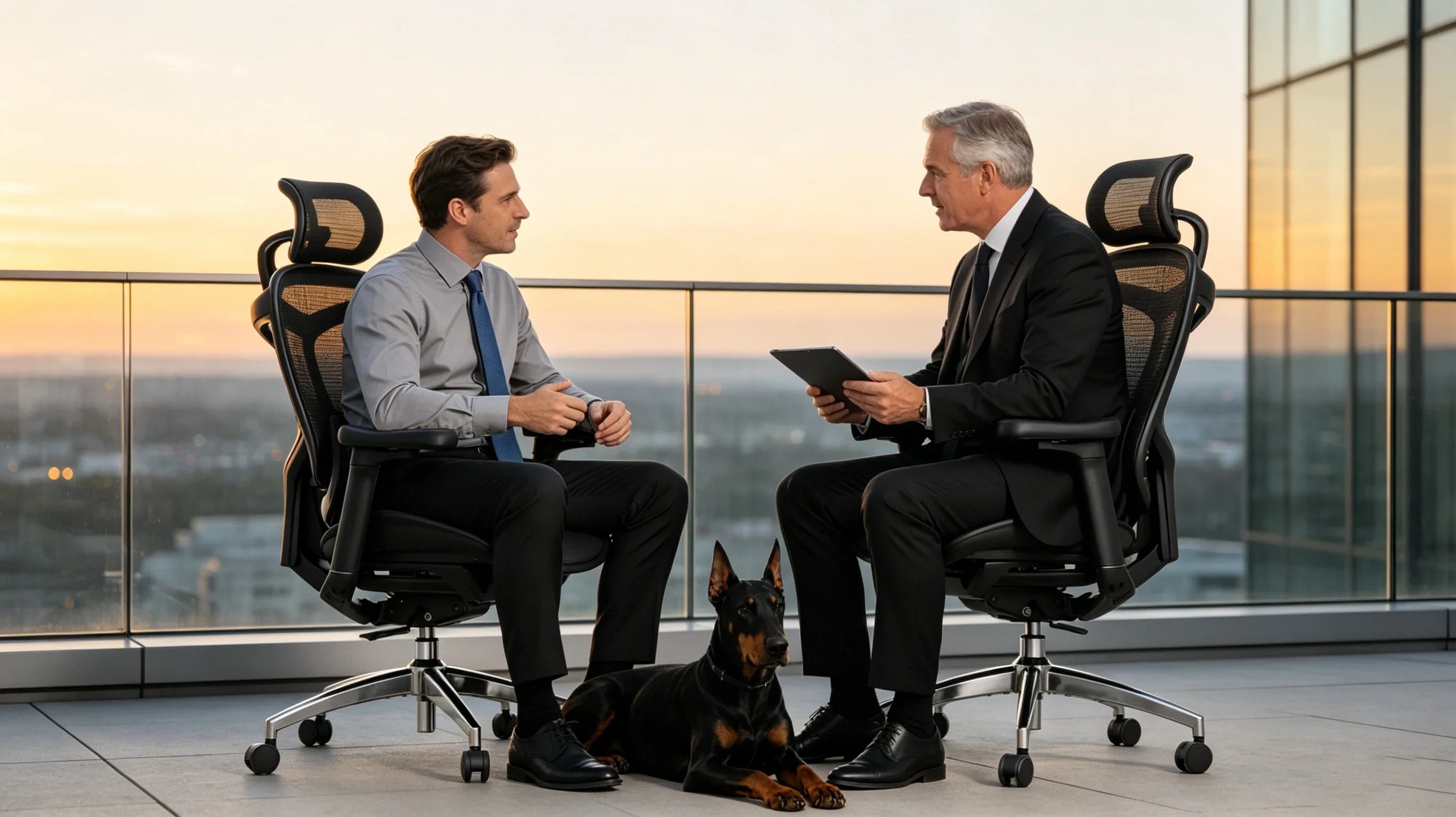 Full body view of a 45-year-old Caucasian male financial analyst in a light grey shirt and tie sitting in the [ergonomic best office chair].