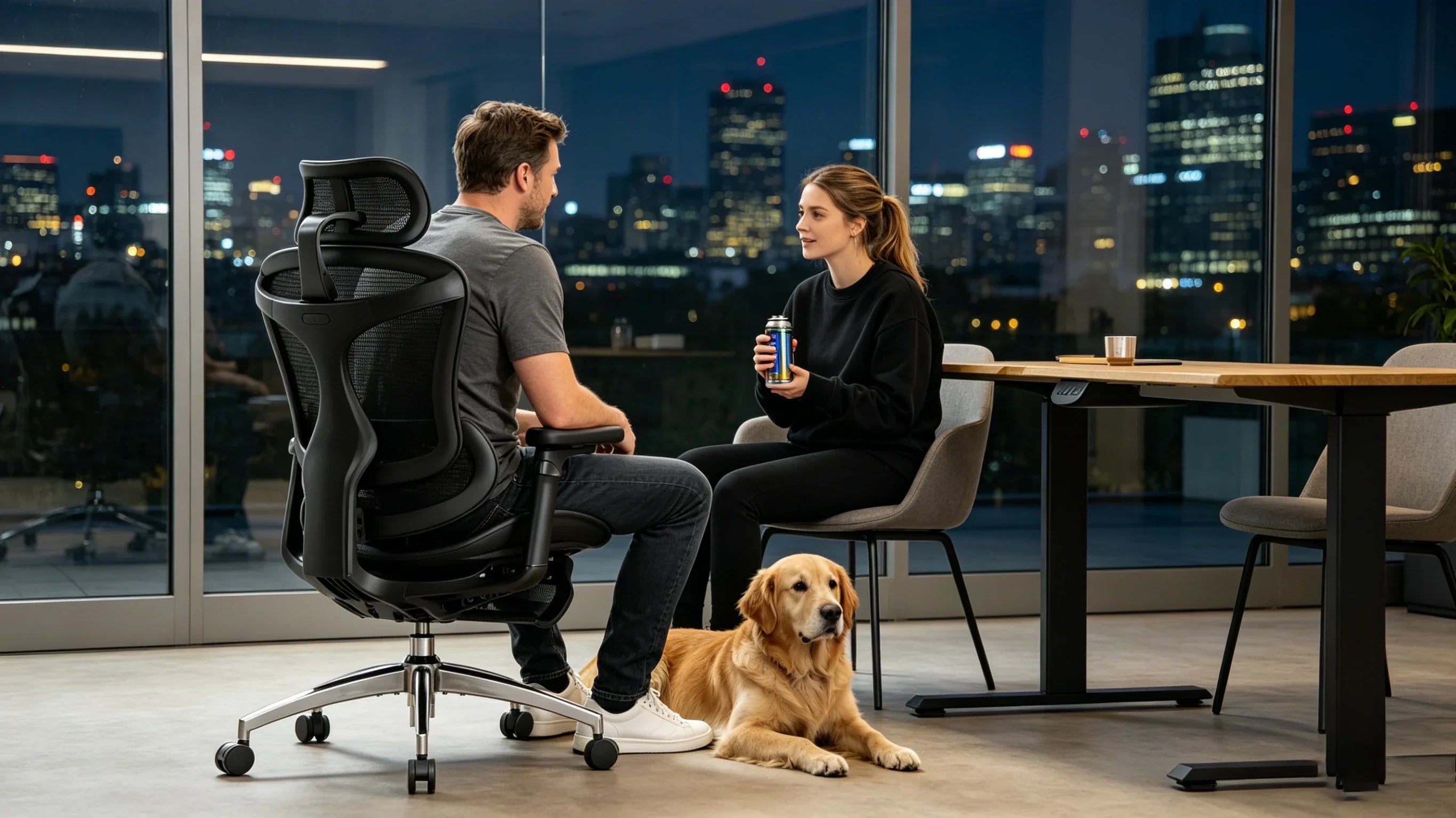 Full body view of a 45-year-old Caucasian male VFX director in a black tech shirt sitting in the [ergonomic computer chair].