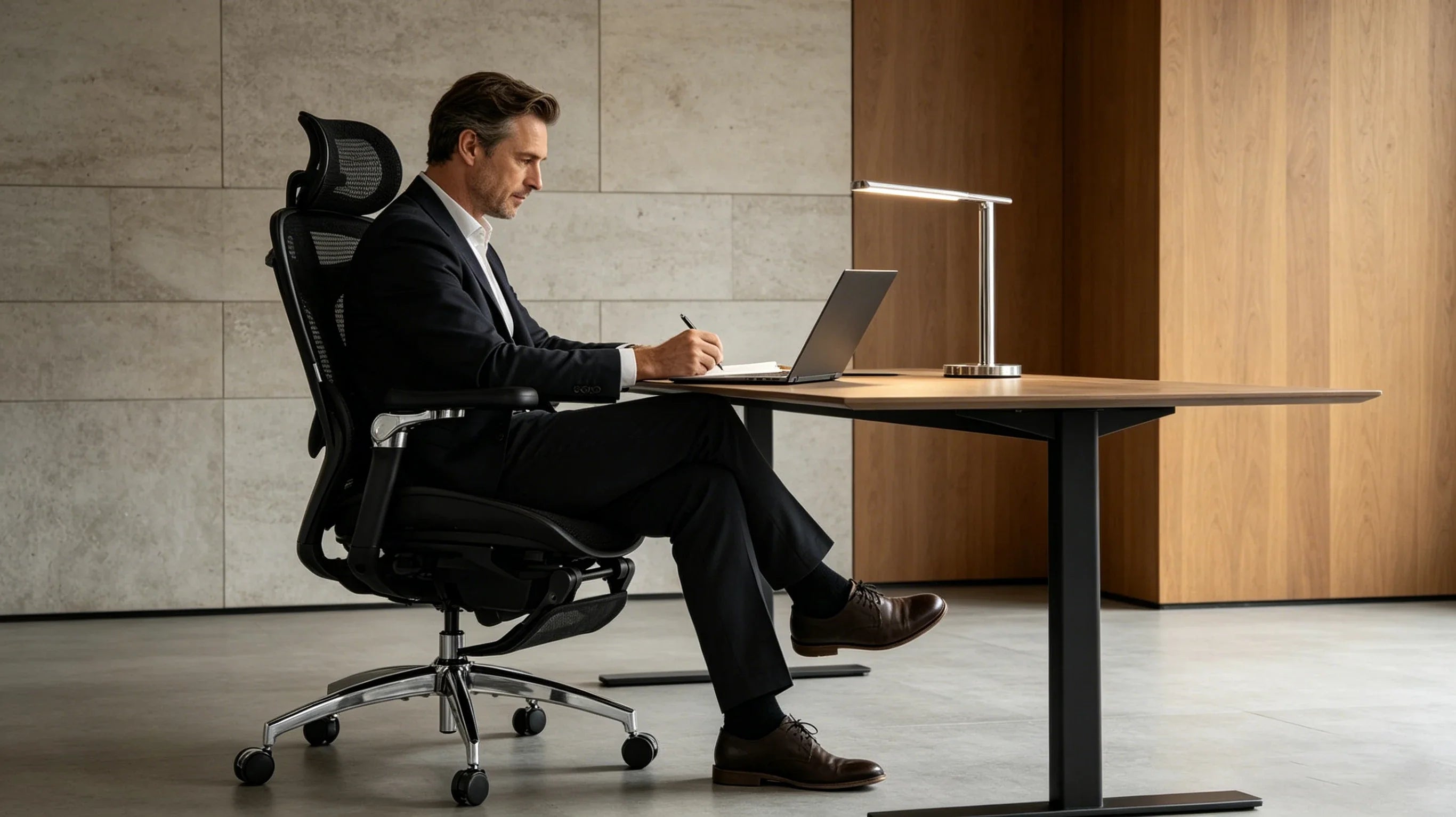 Full body view of a 45-year-old Caucasian male expert in a charcoal turtleneck sitting in the [best rated ergonomic chair].