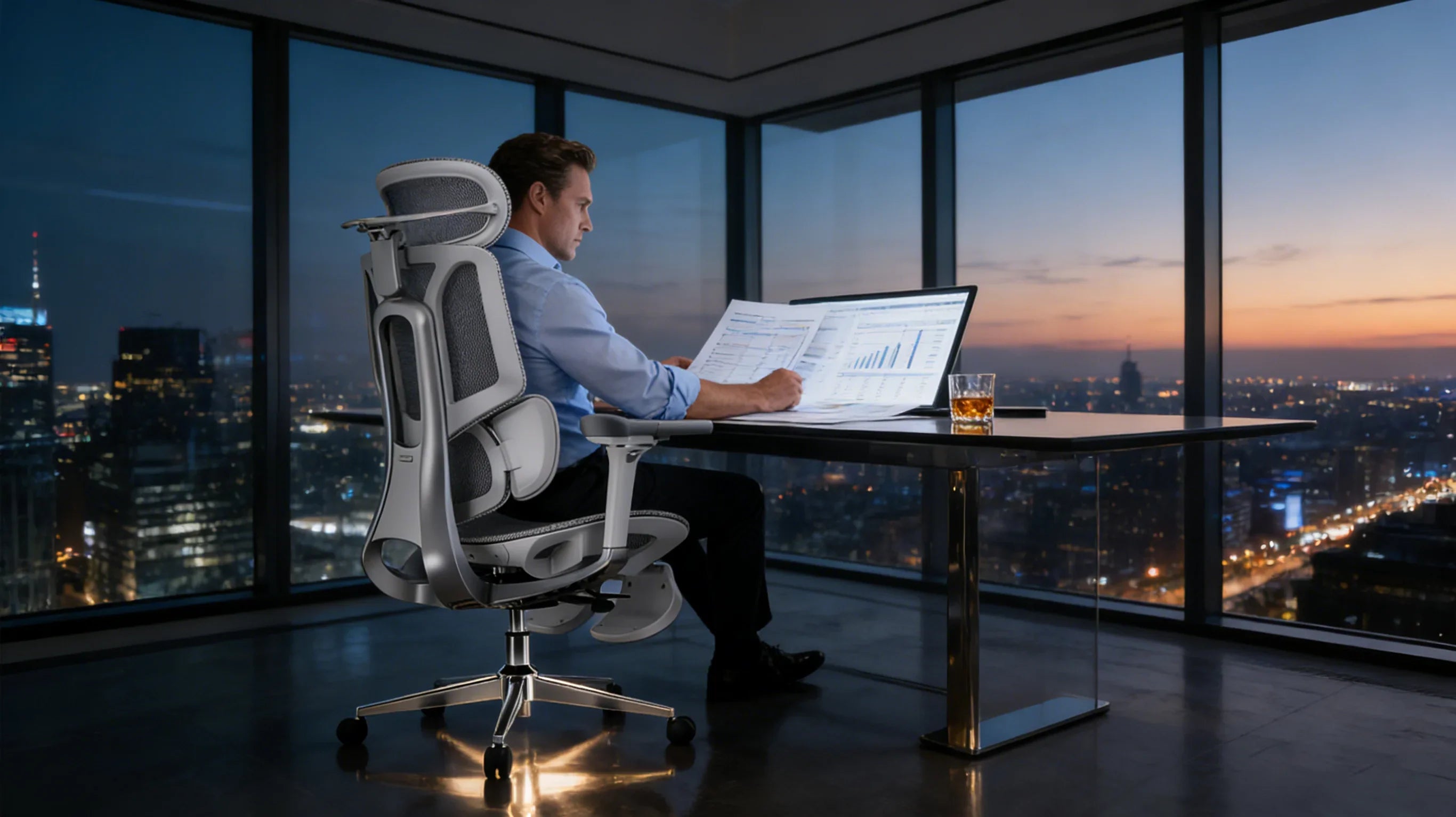 A European investment analyst focusing in his [**chair comfortable office**].