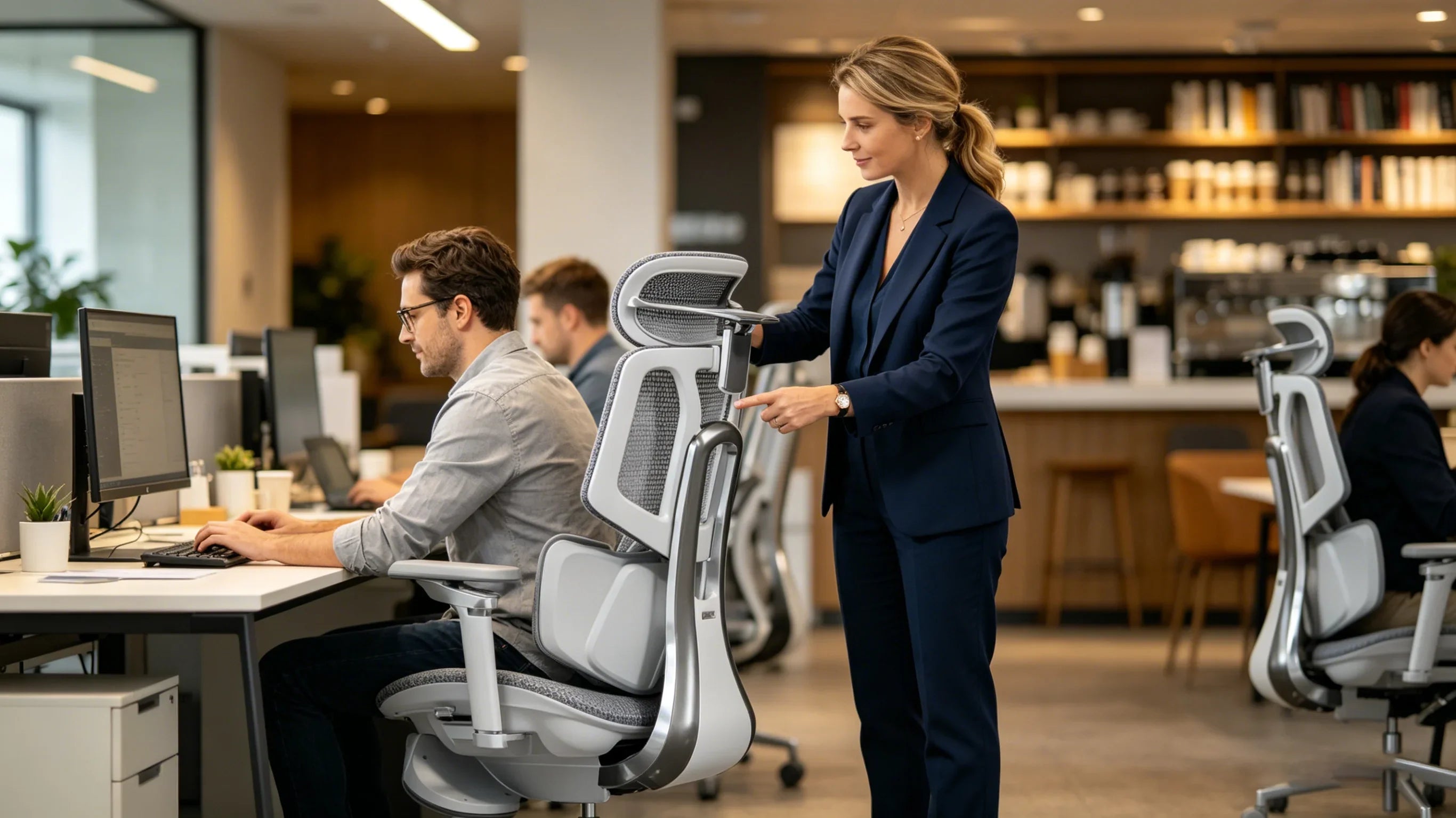 A European ergonomic consultant demonstrating the benefits of our [**chair comfortable office**].