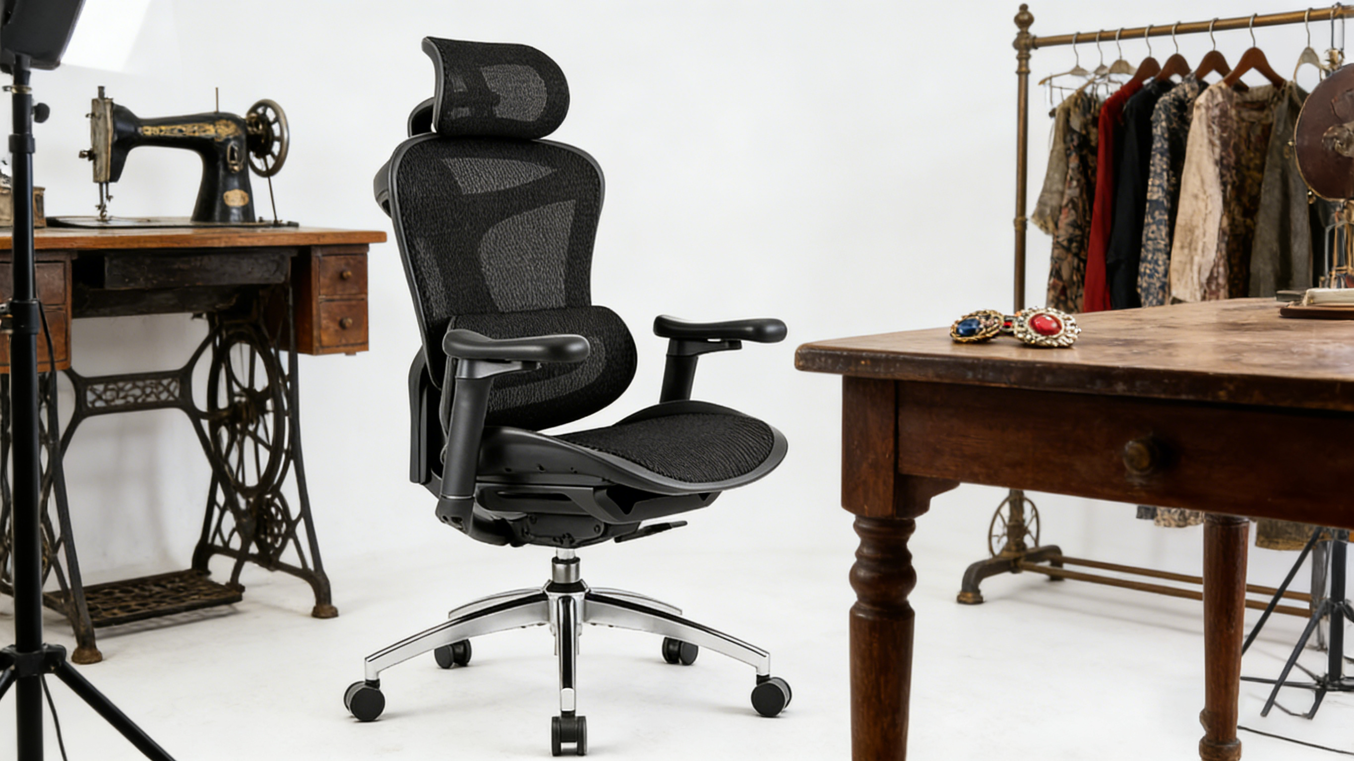High-back desk chair designed to prevent neck pain with an adjustable 3D headrest.
