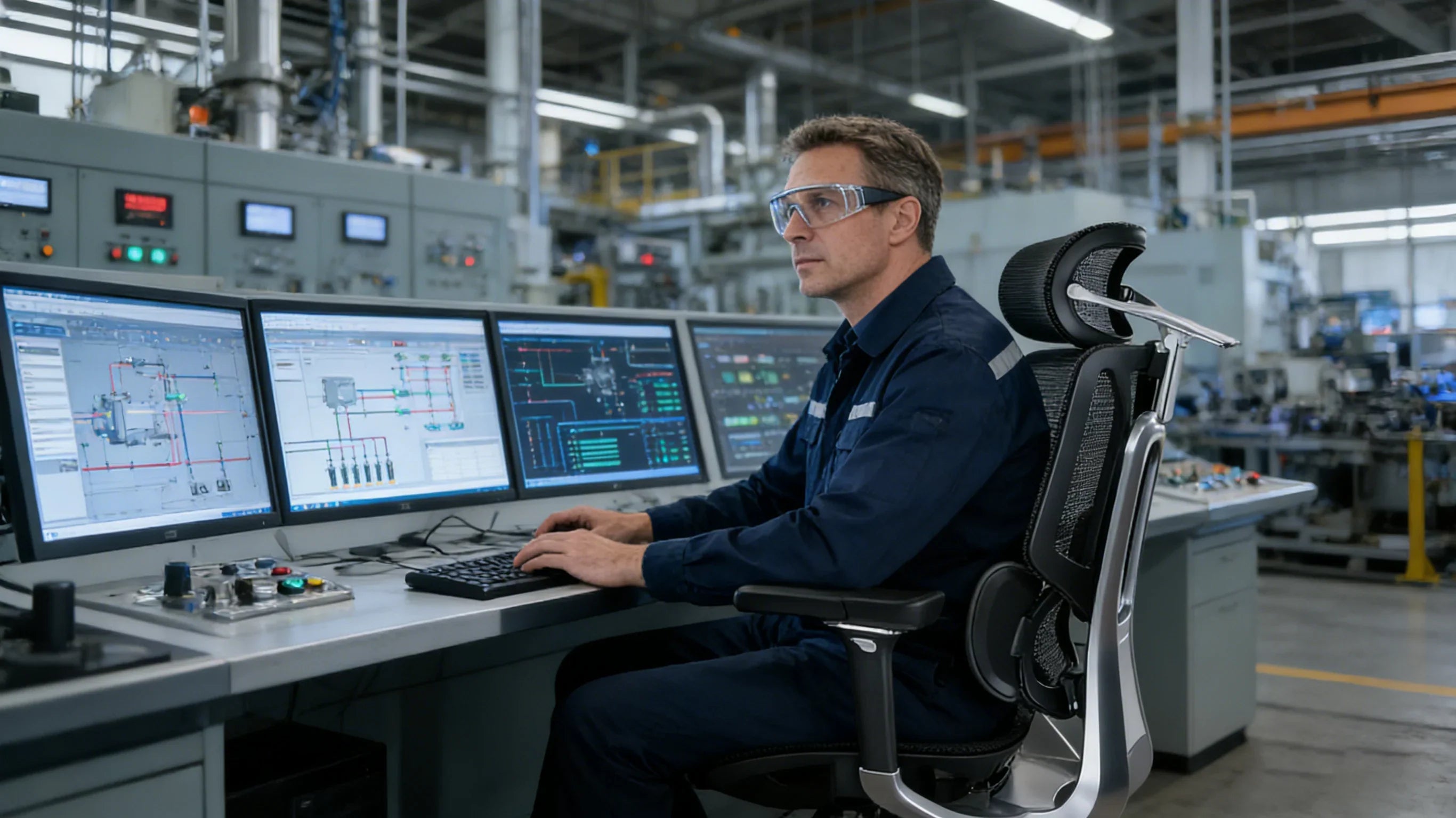 A European engineer measuring the precision of a [**chair ergo**].