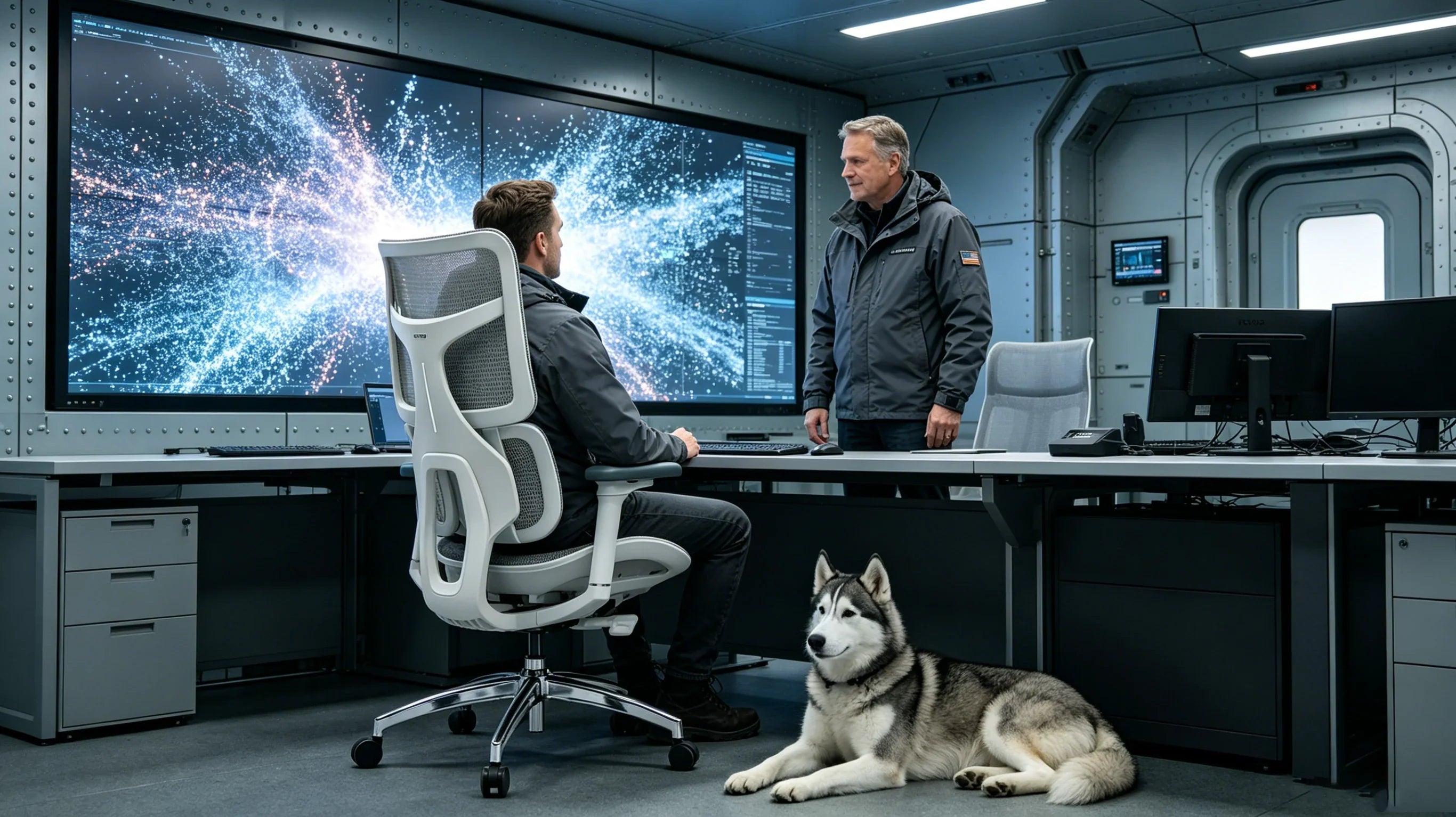 Full body shot of Gavin, a Caucasian flight director, sitting deeply in the [chair ergo] inside an aviation weather control center, total body profile visible from head to toe.