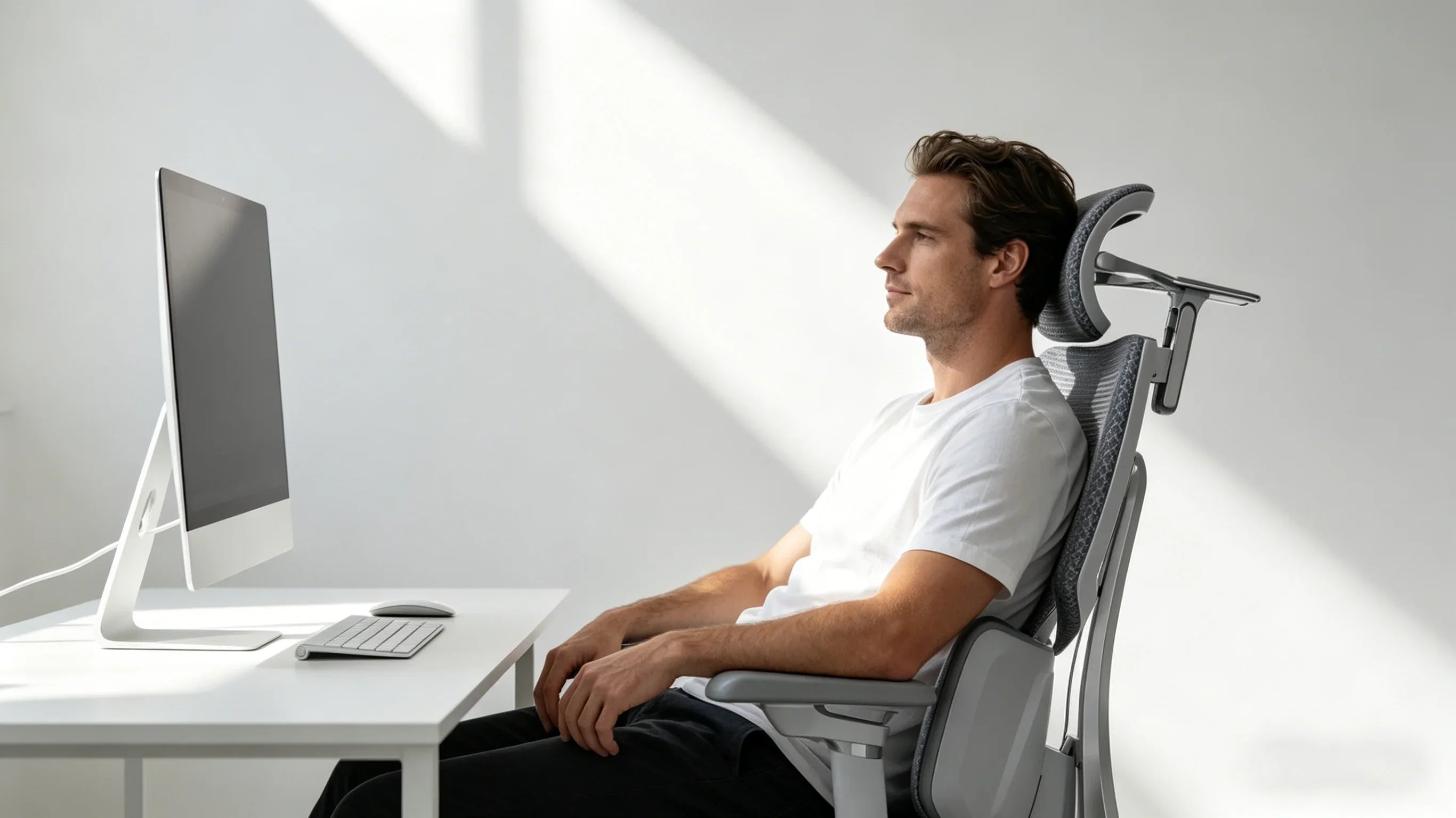 A professional European minimalist designer working in his [**chair ergo**].