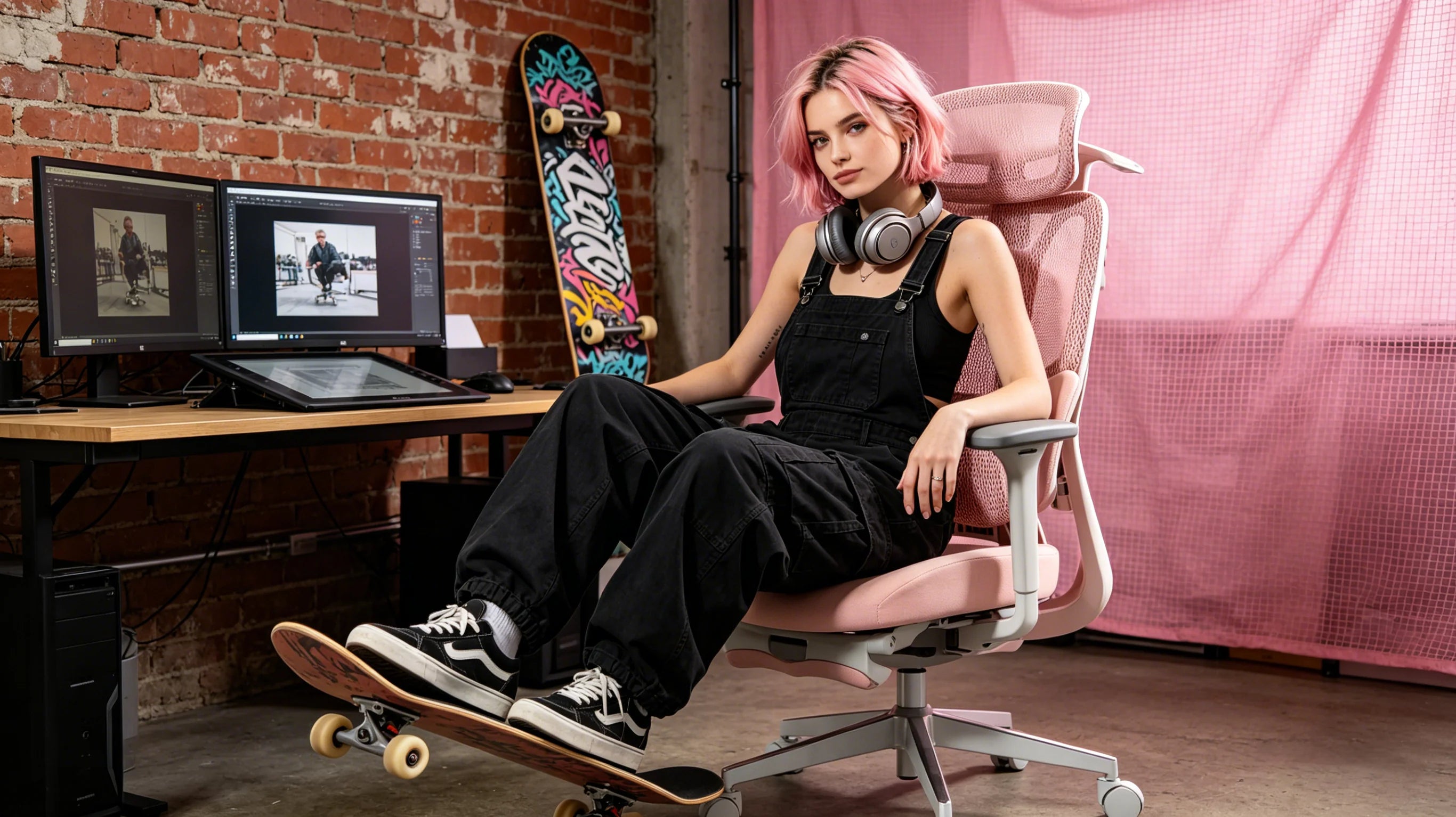 Kira editing a motion graphics sequence in her pink AI-720 [chair ergo].