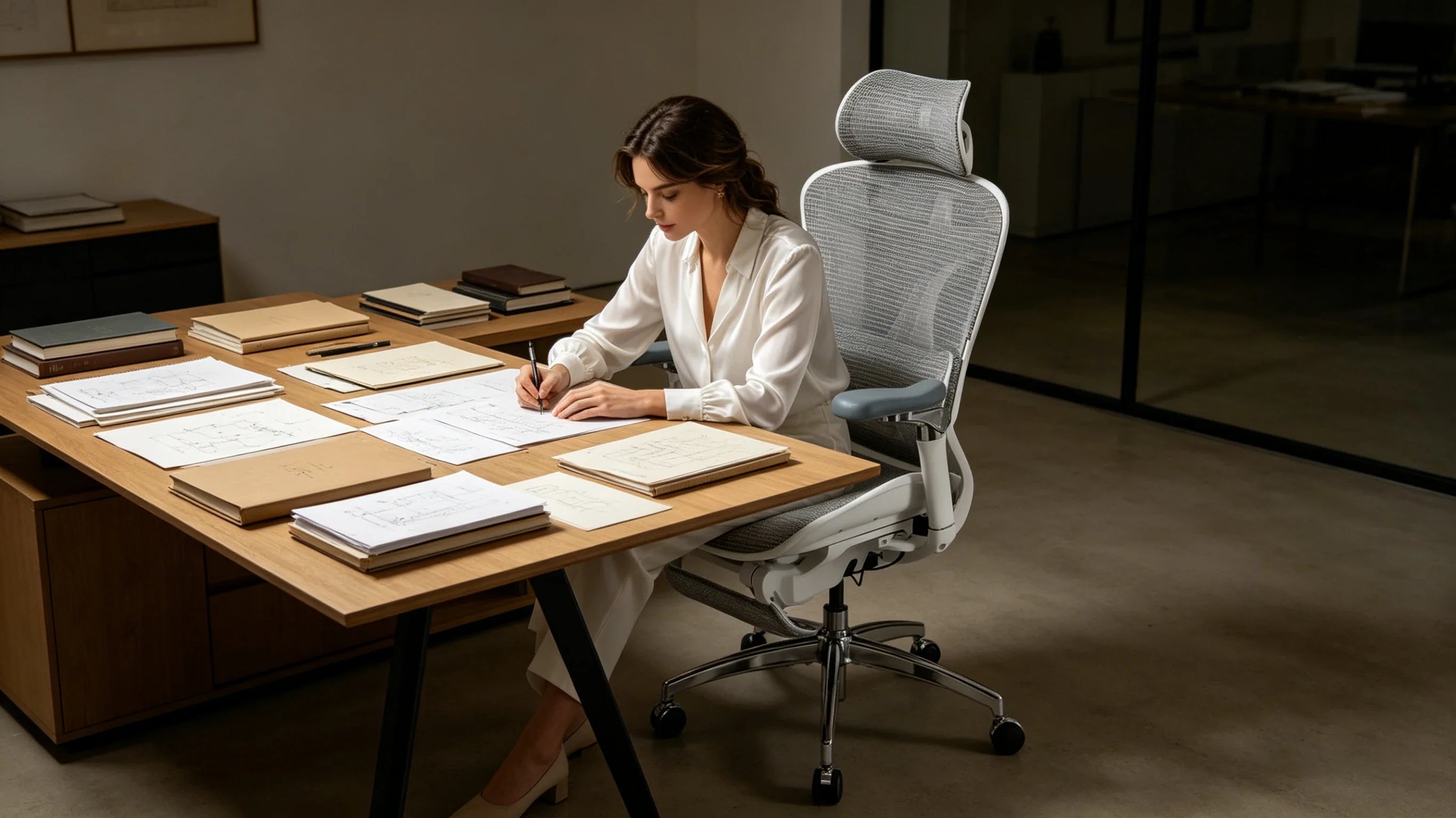 Full view of a 28-year-old female writer in a white silk shirt sitting in the [chair ergo] in her minimalist studio.