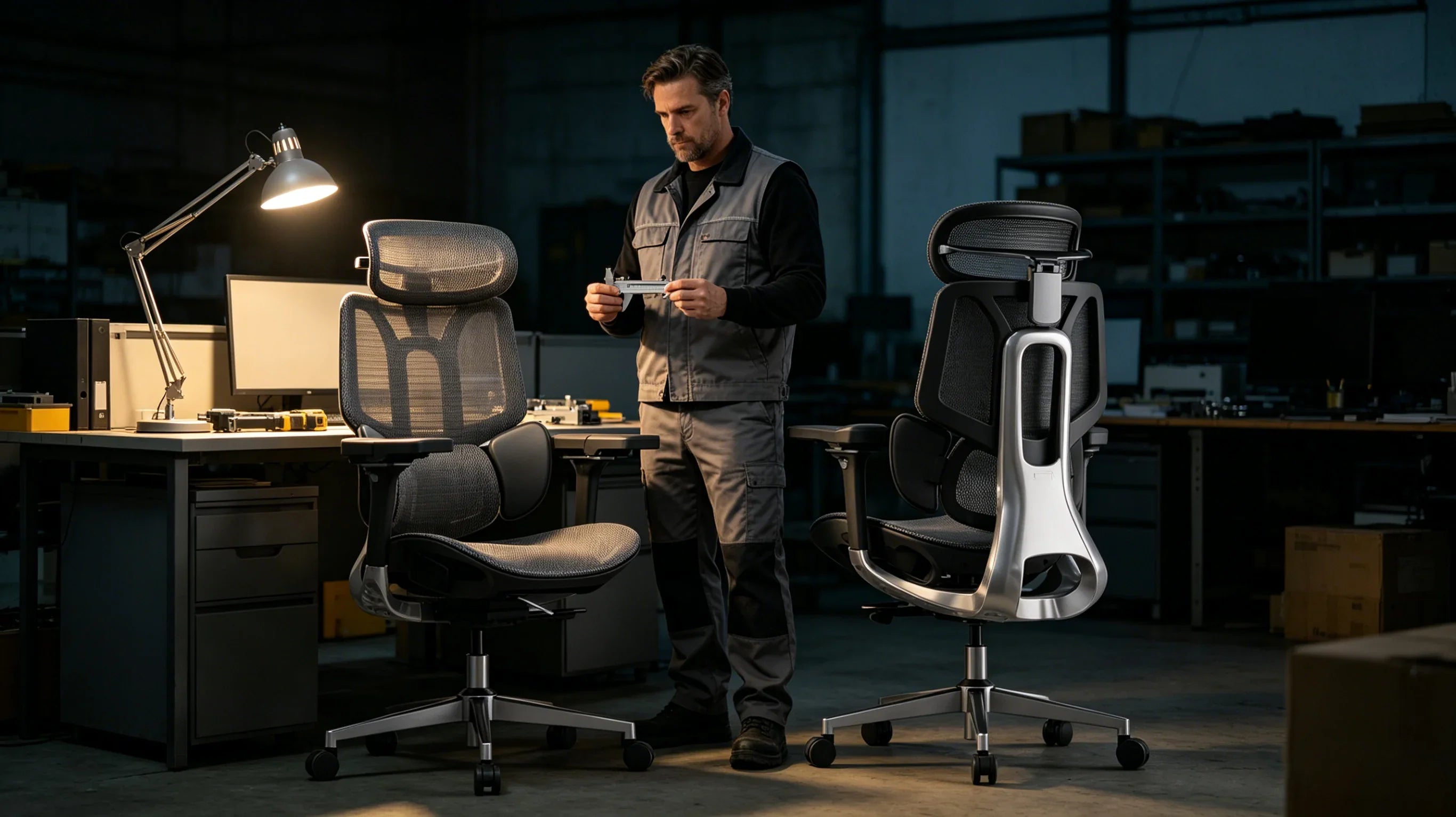 A professional European quality engineer measuring the [**chair office back support**] components.