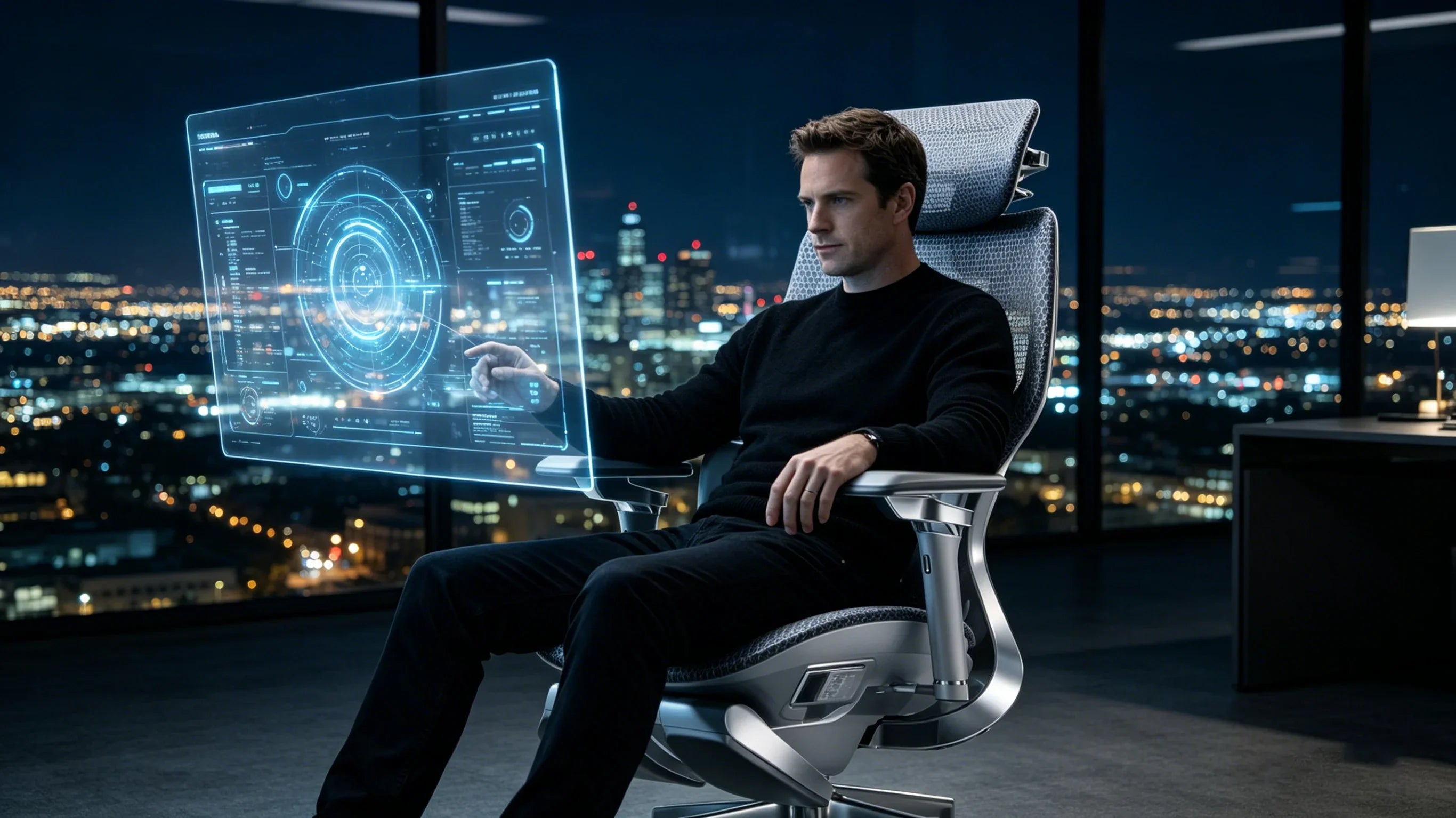 A European tech entrepreneur achieving deep focus in his [**chair office comfortable**].