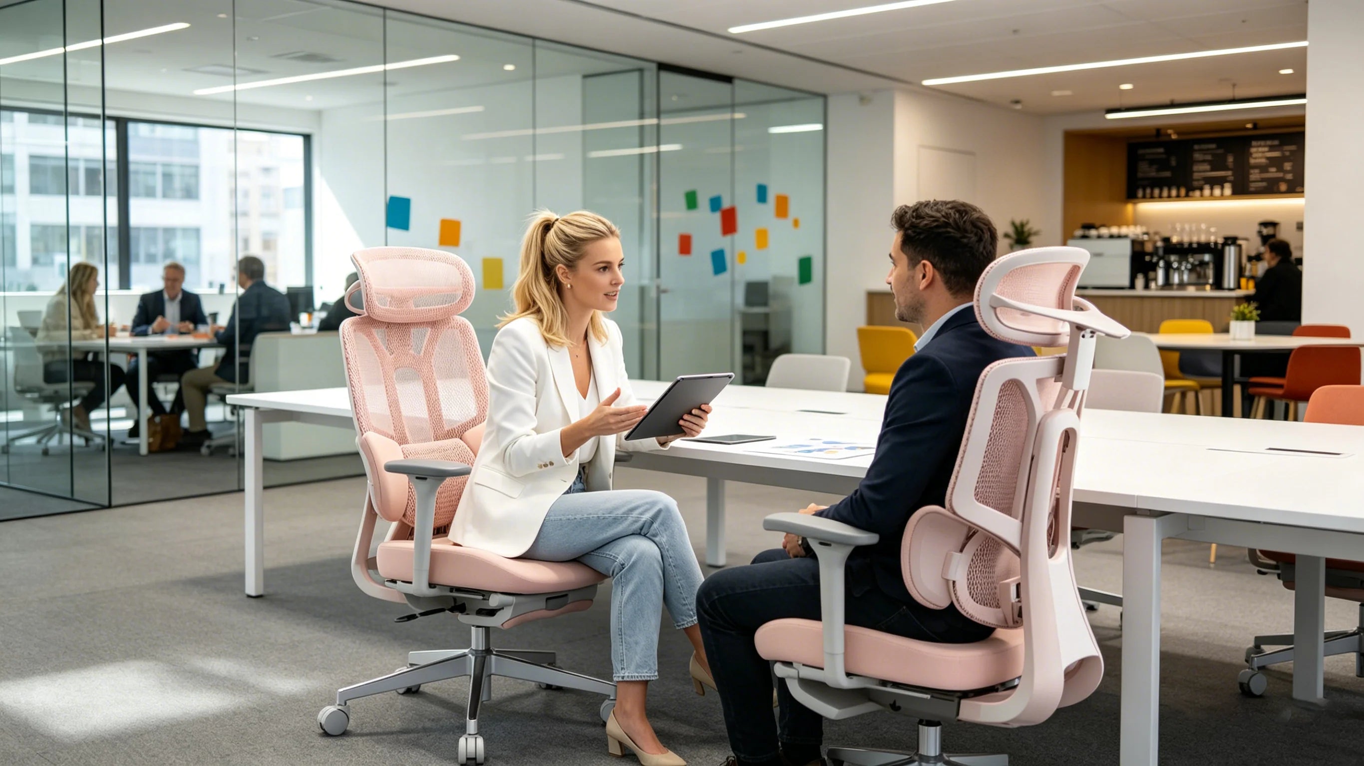 Chloe reviewing office floor plans while sitting in her [chair office comfortable].