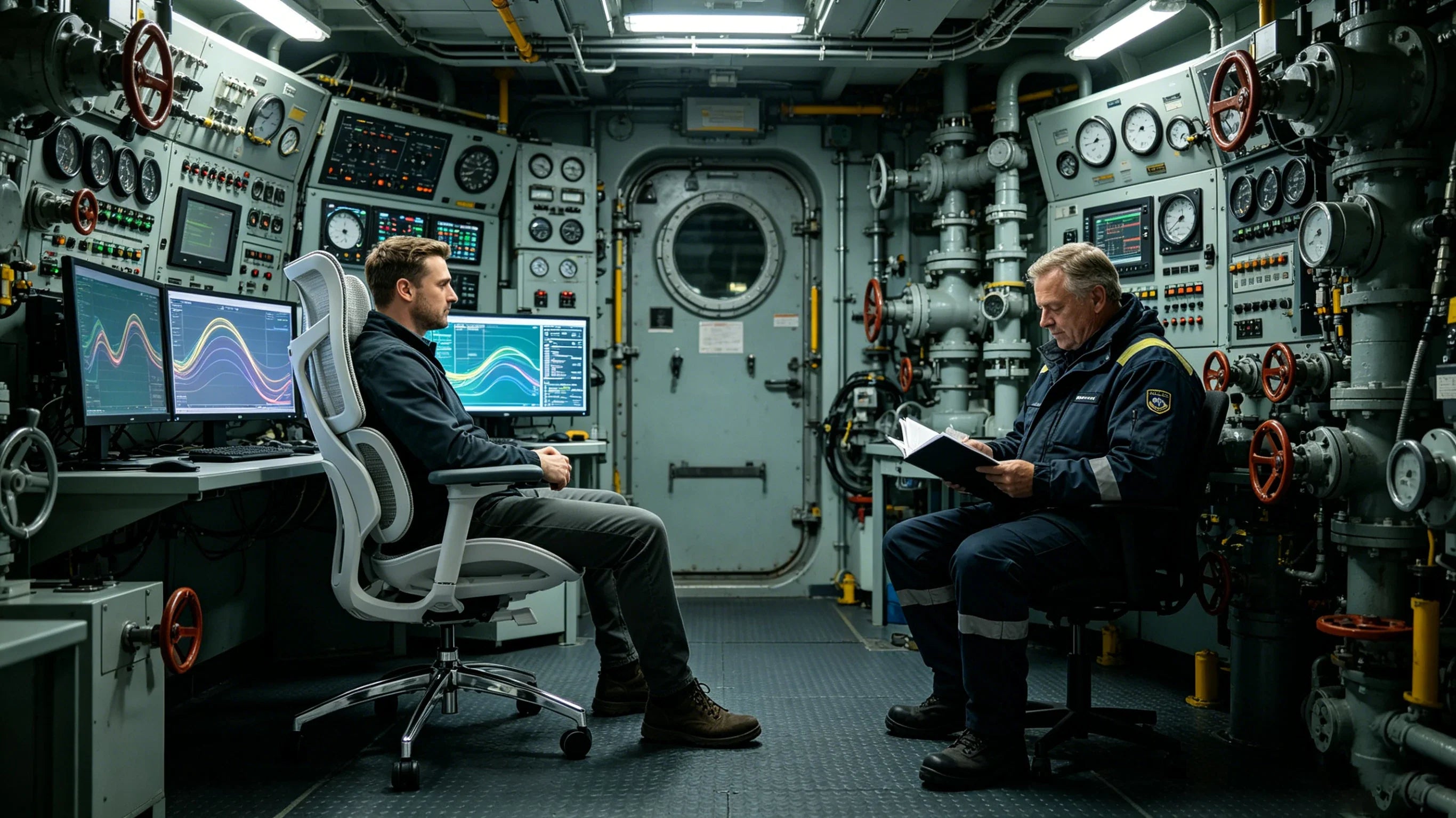 Full body shot of Marcus, a Caucasian life support director, sitting deeply in the [chair office comfortable] inside a maritime telemetry cabin, total body visible from head to toe.
