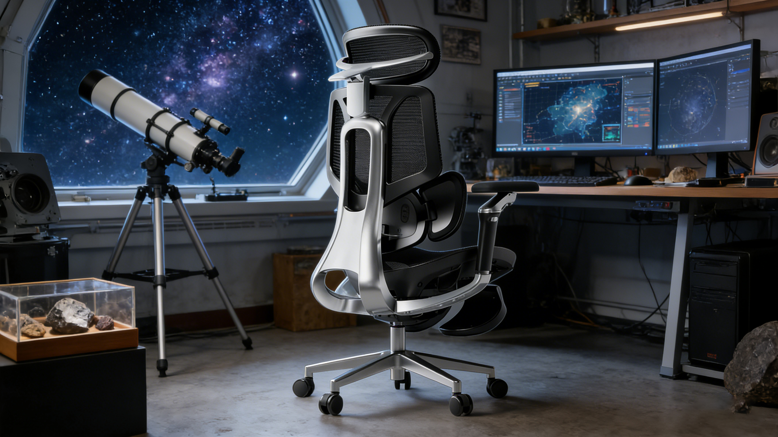 Ergonomics chair with a multi-functional tilt mechanism and tension control knob.