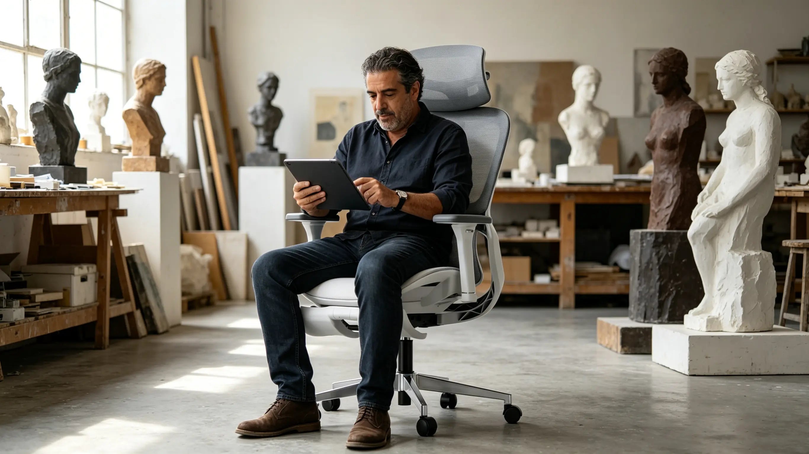 Don Mateo, curador de arte de 53 años, catalogando esculturas contemporáneas en la mejor silla de oficina ergonómica Ergo Select en su estudio de Madrid.