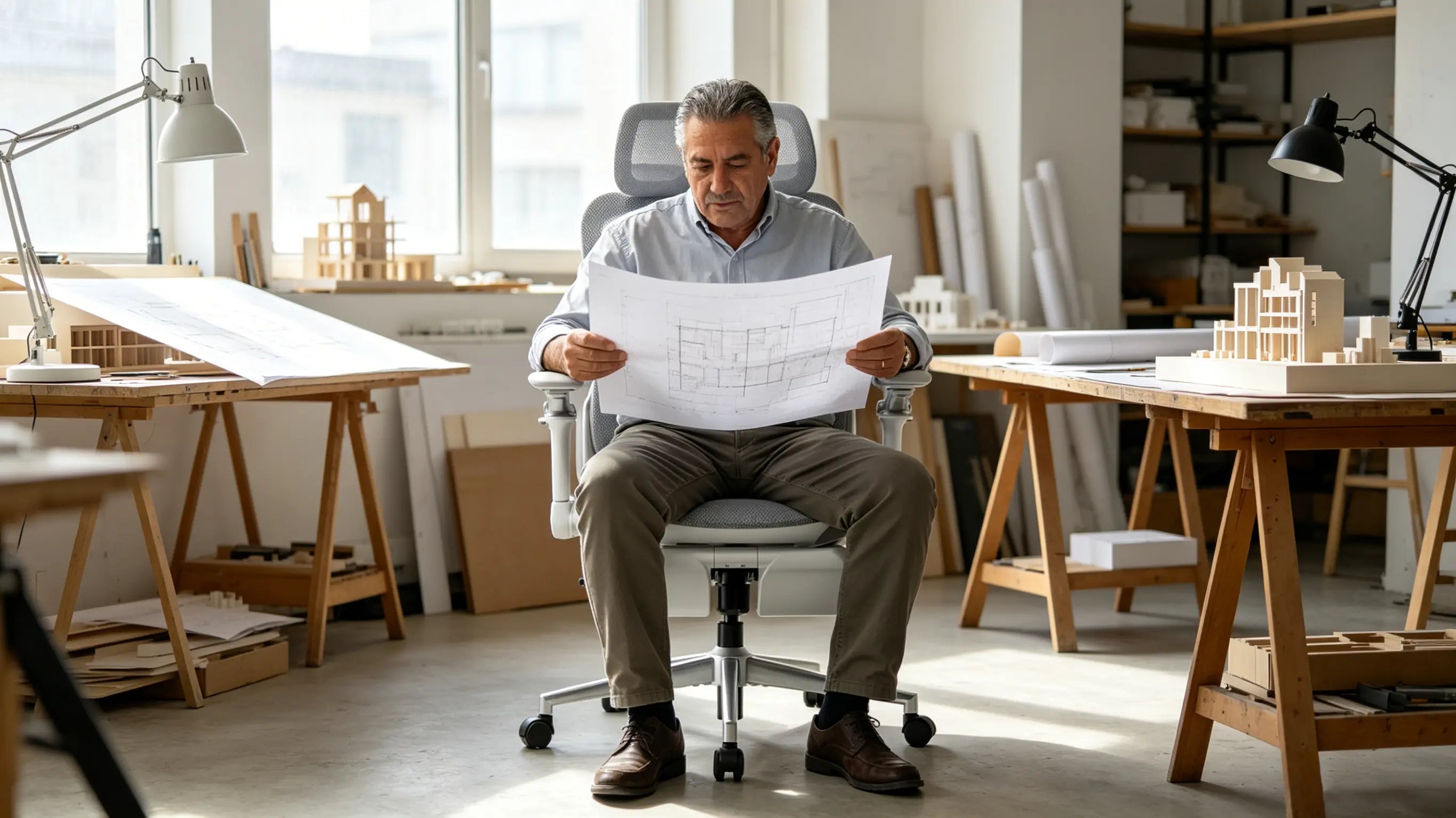 Don Alejandro, arquitecto de 61 años, revisando planimetrías a gran escala en su estudio de Madrid, sentado en su silla ergonómica de oficina Ergo Select