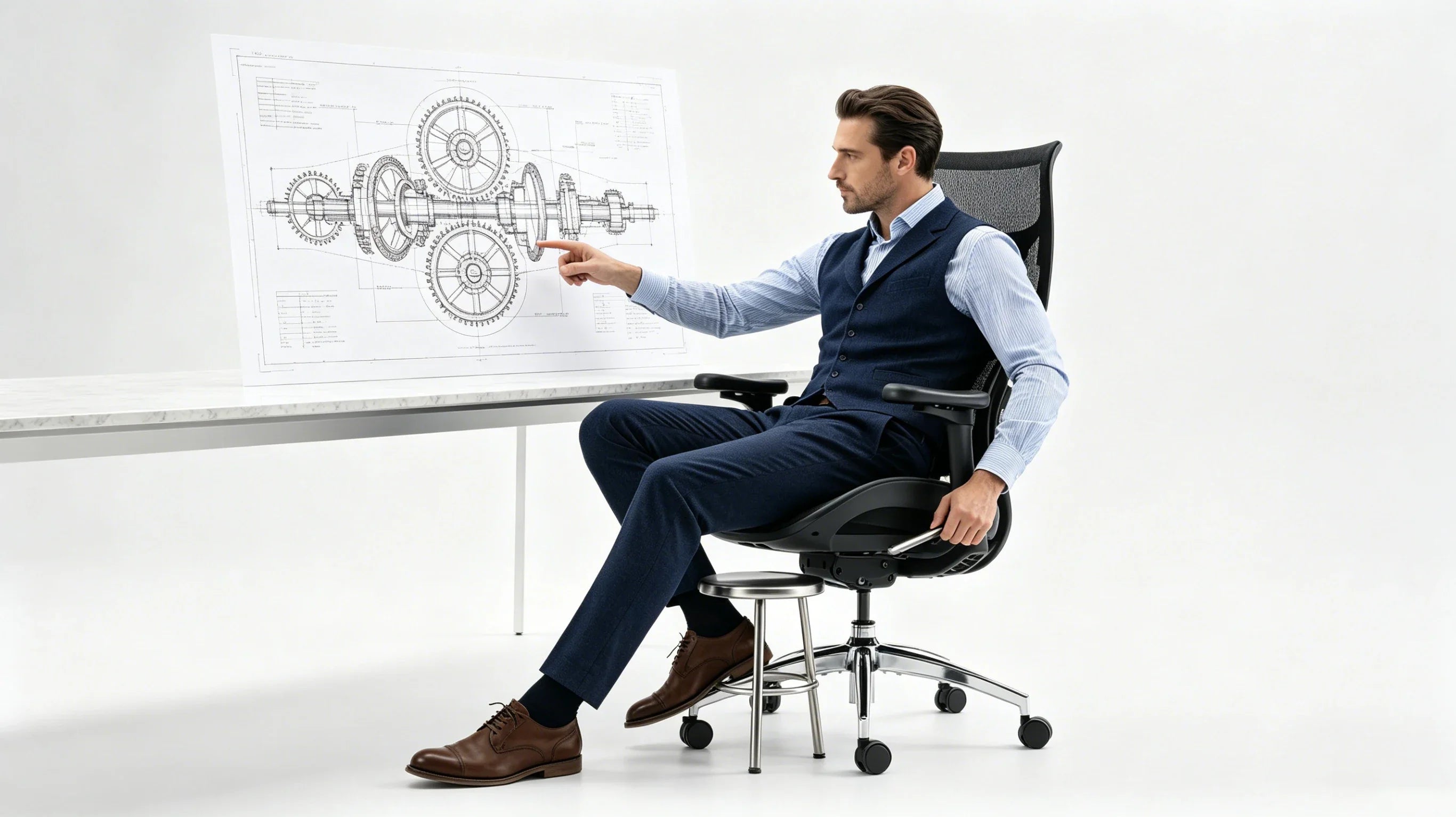 Full body shot of Severin Patek bending deeply forward over his stone workbench while seated in the [most comfortable office task chair].