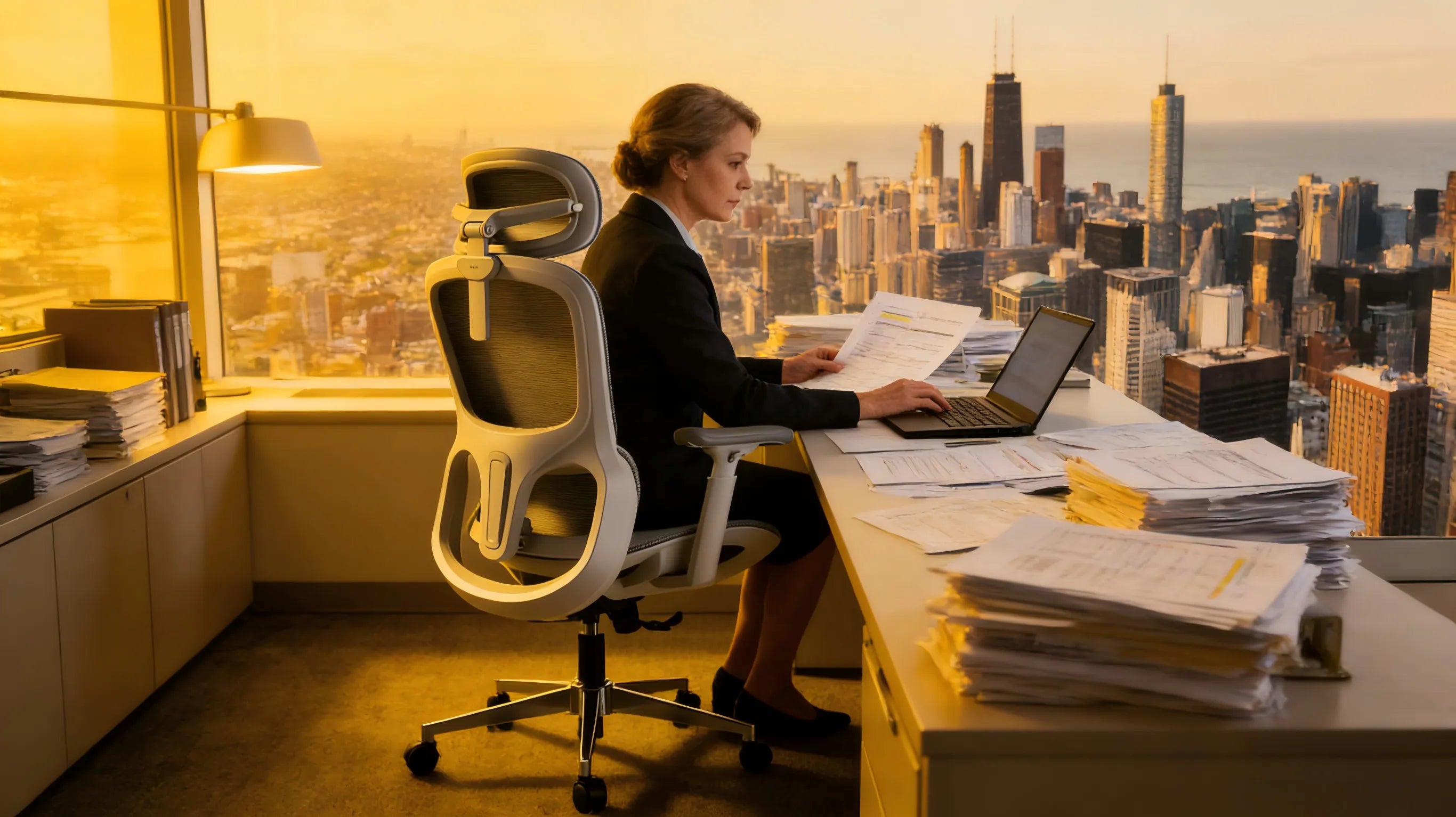 A professional auditor in a Chicago home office using a white-framed ergonomic chair at a clean desk.