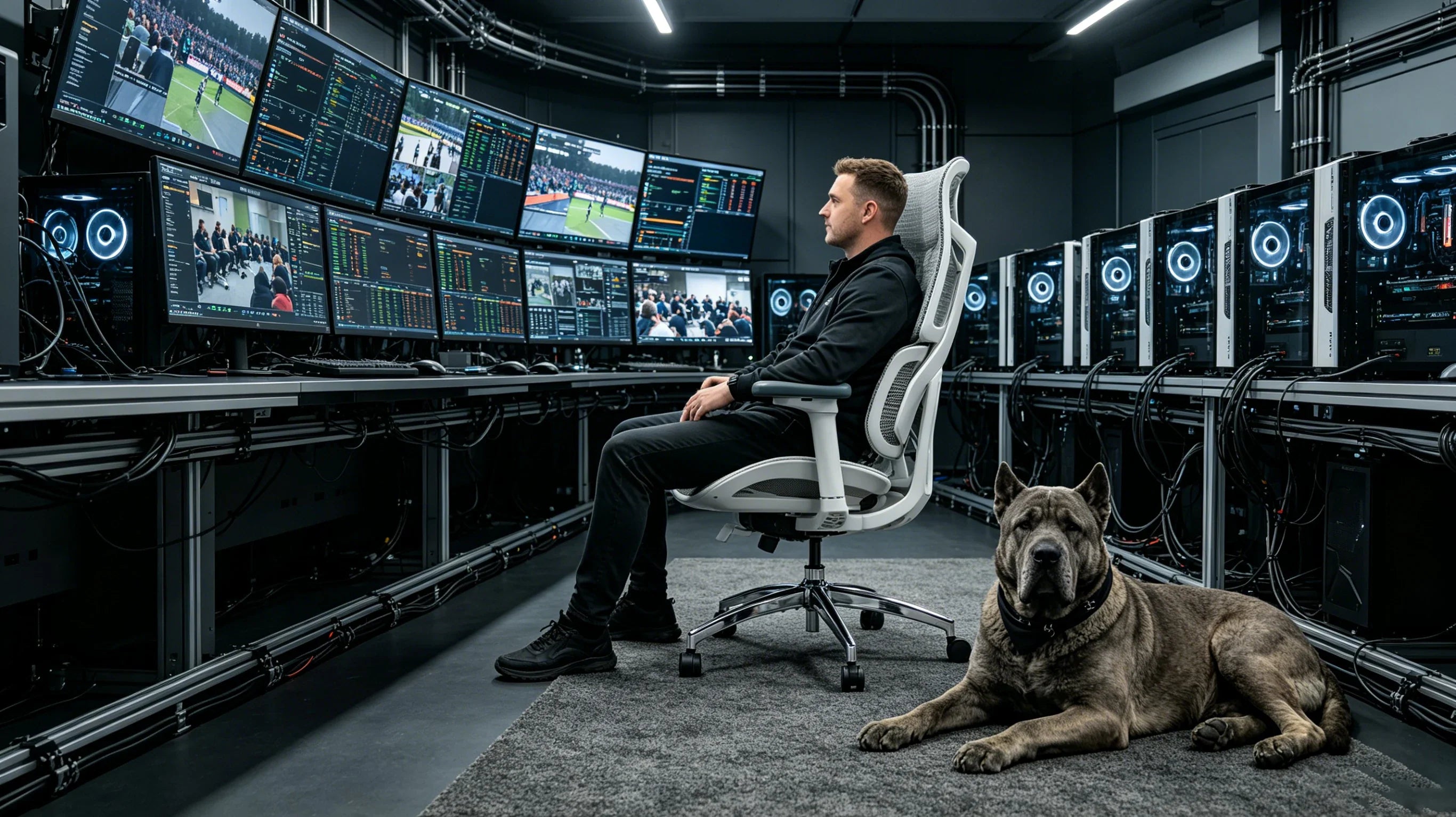 Full body shot of Coach Sterling Vance sitting deeply in the [ergonomic gaming chair] inside an elite esports tactical war room, total figure visible.