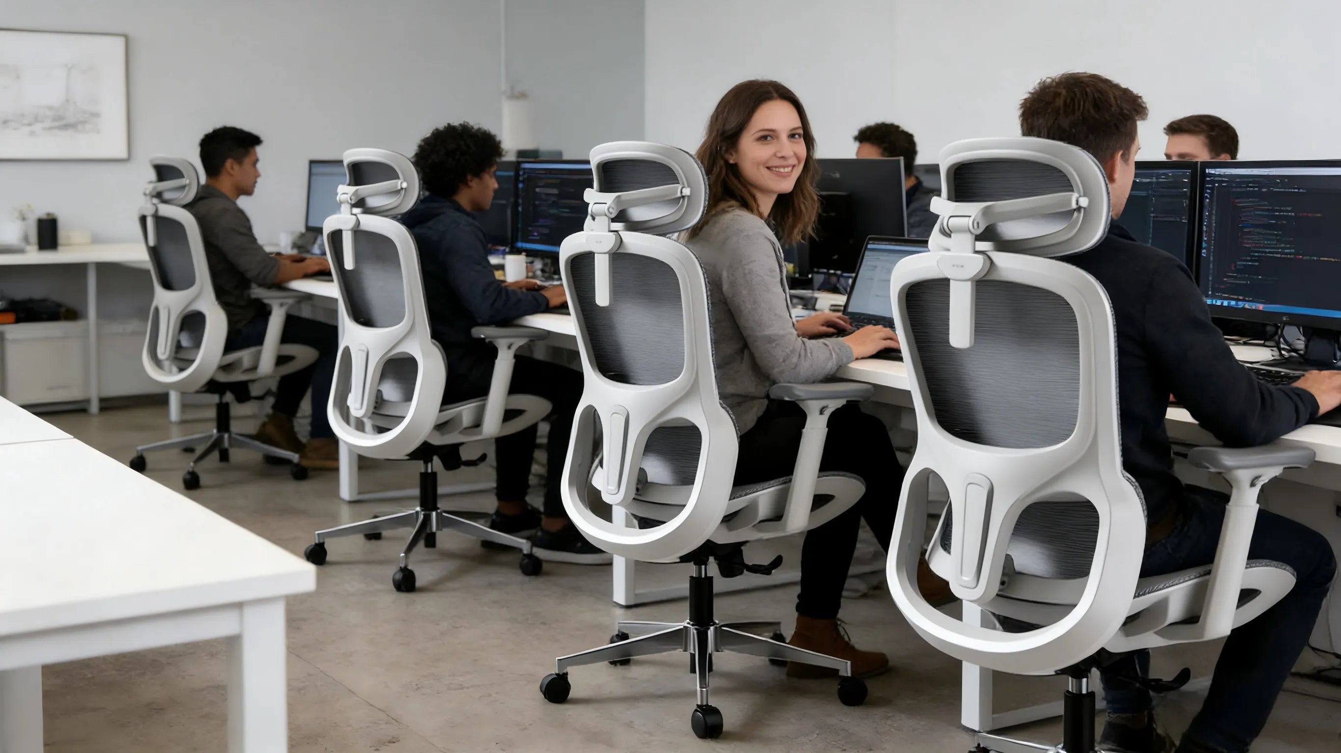 A row of professional white-framed ergonomic chairs in a modern Seattle tech startup office.
