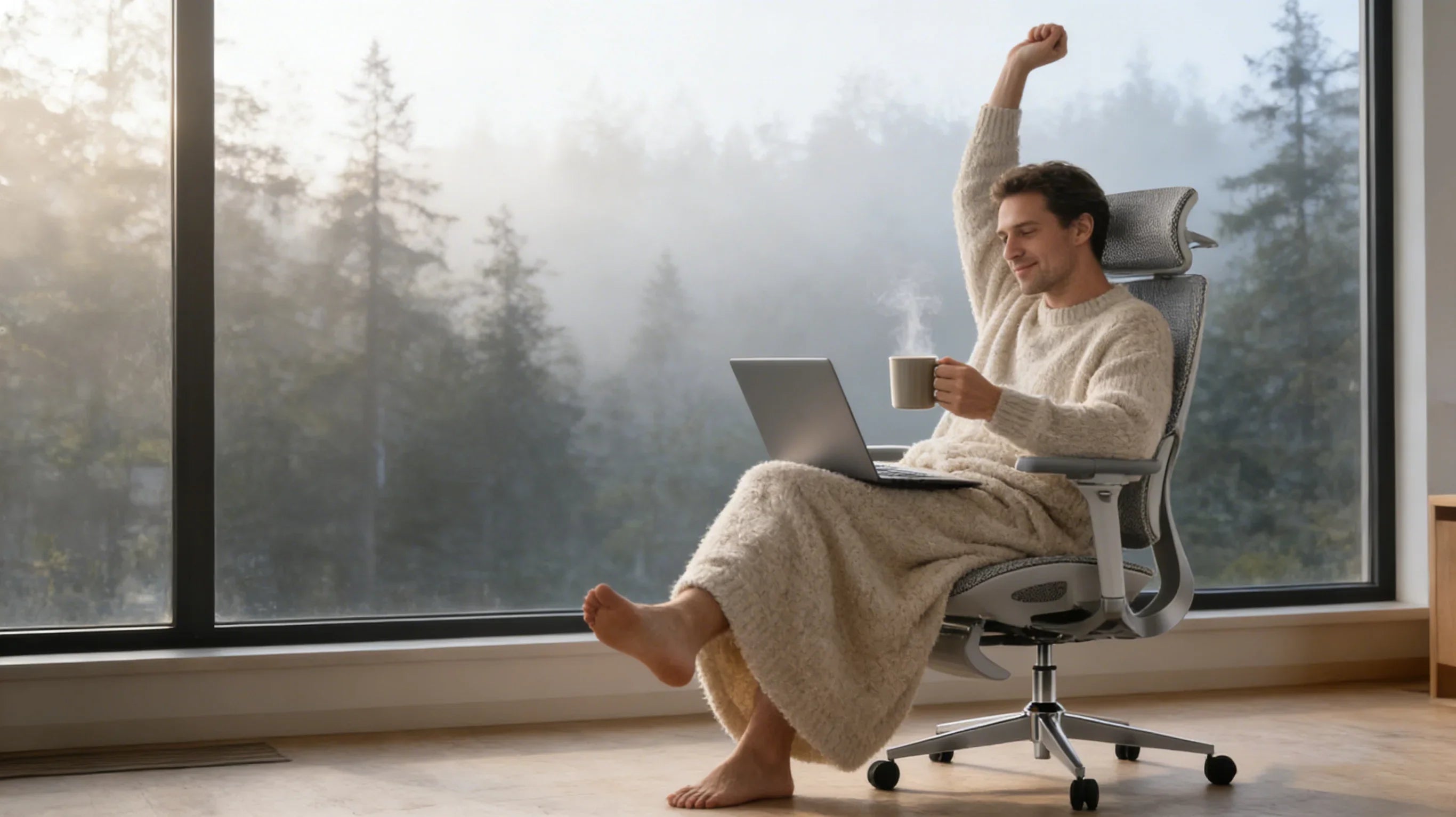 A European writer starting her day in a [**comfortable desk chair**].