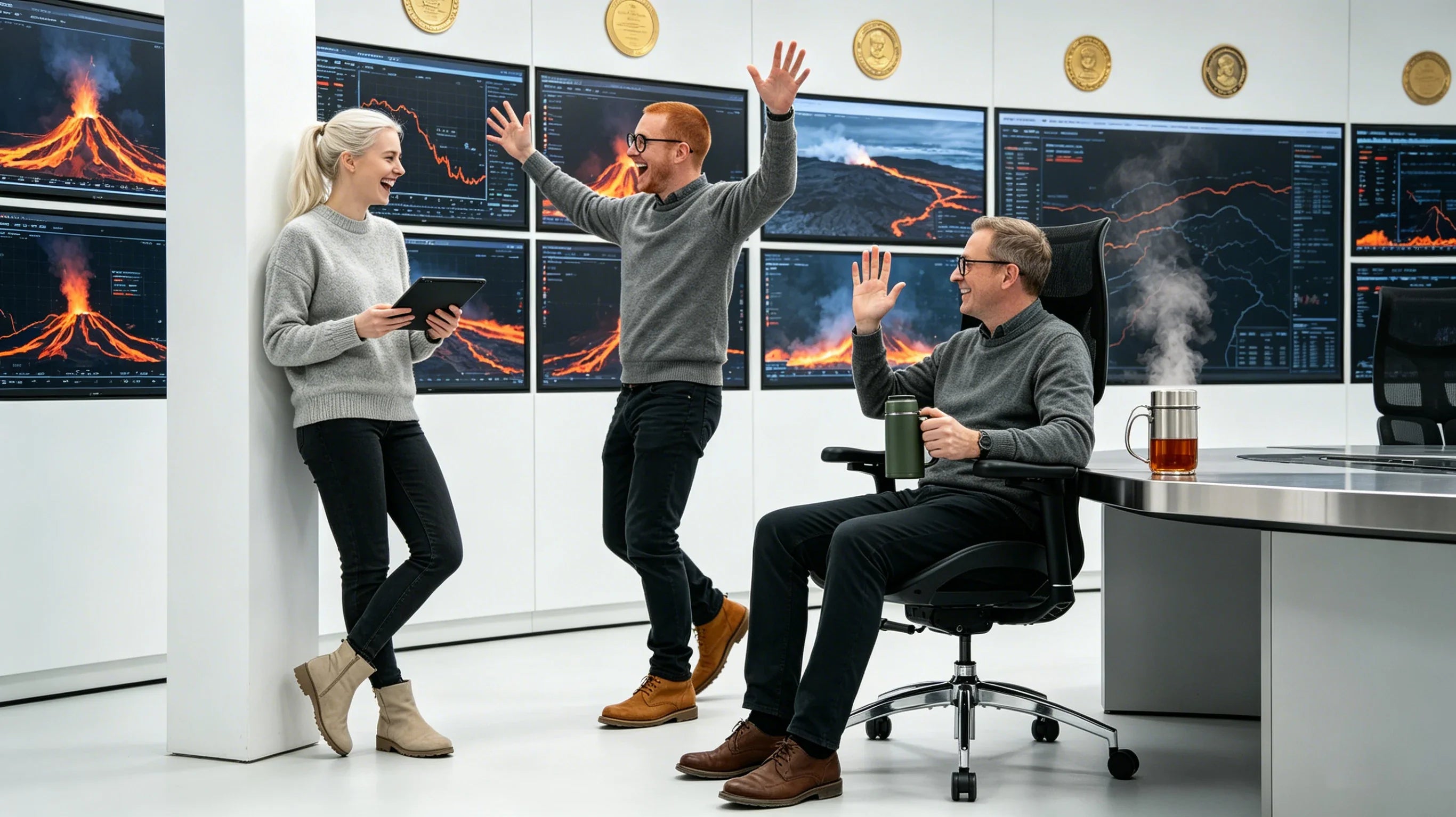 A cinematic full body view of Dr. Alistair Finch parsing seismic wave models while supported by a [comfortable desk chair].