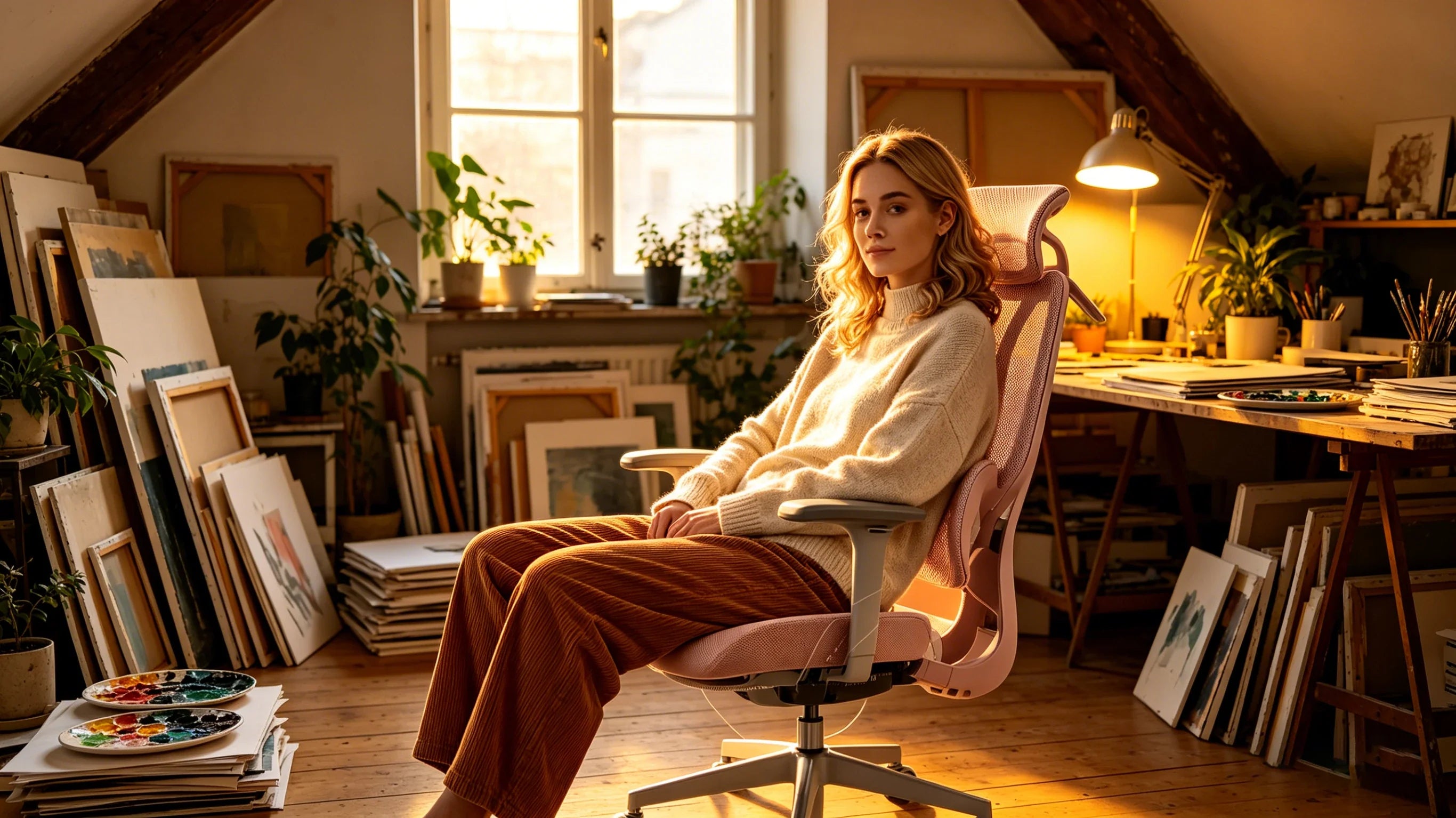 Leni sketching on a tablet while sitting in her [comfortable office desk chair].