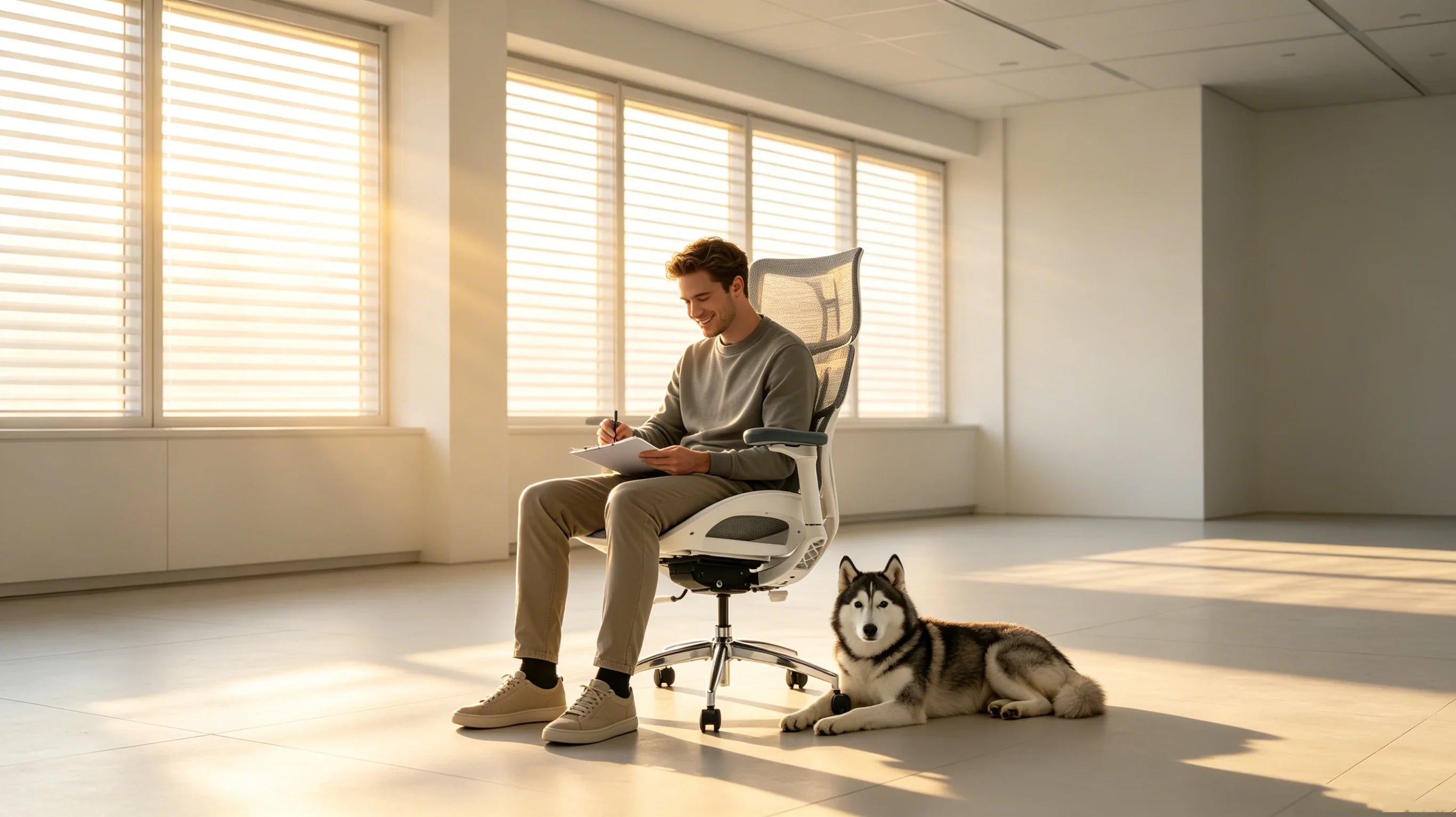 Full body shot of Lucas, a Caucasian male, sitting deeply in the [comfortable office desk chair] inside an F1 telemetry control room, total body integrity from head to toe.