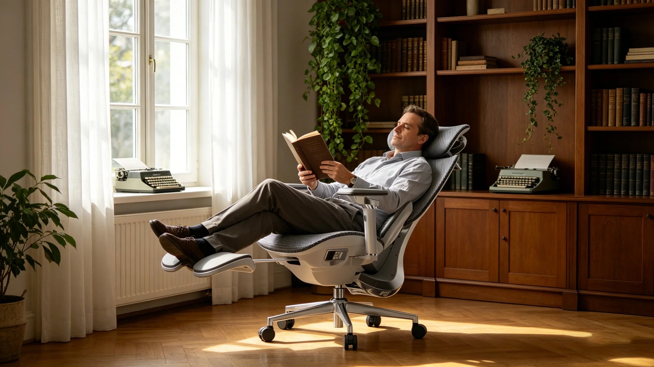 A European creative director relaxing in his [**comfortable office desk chair**] at home.