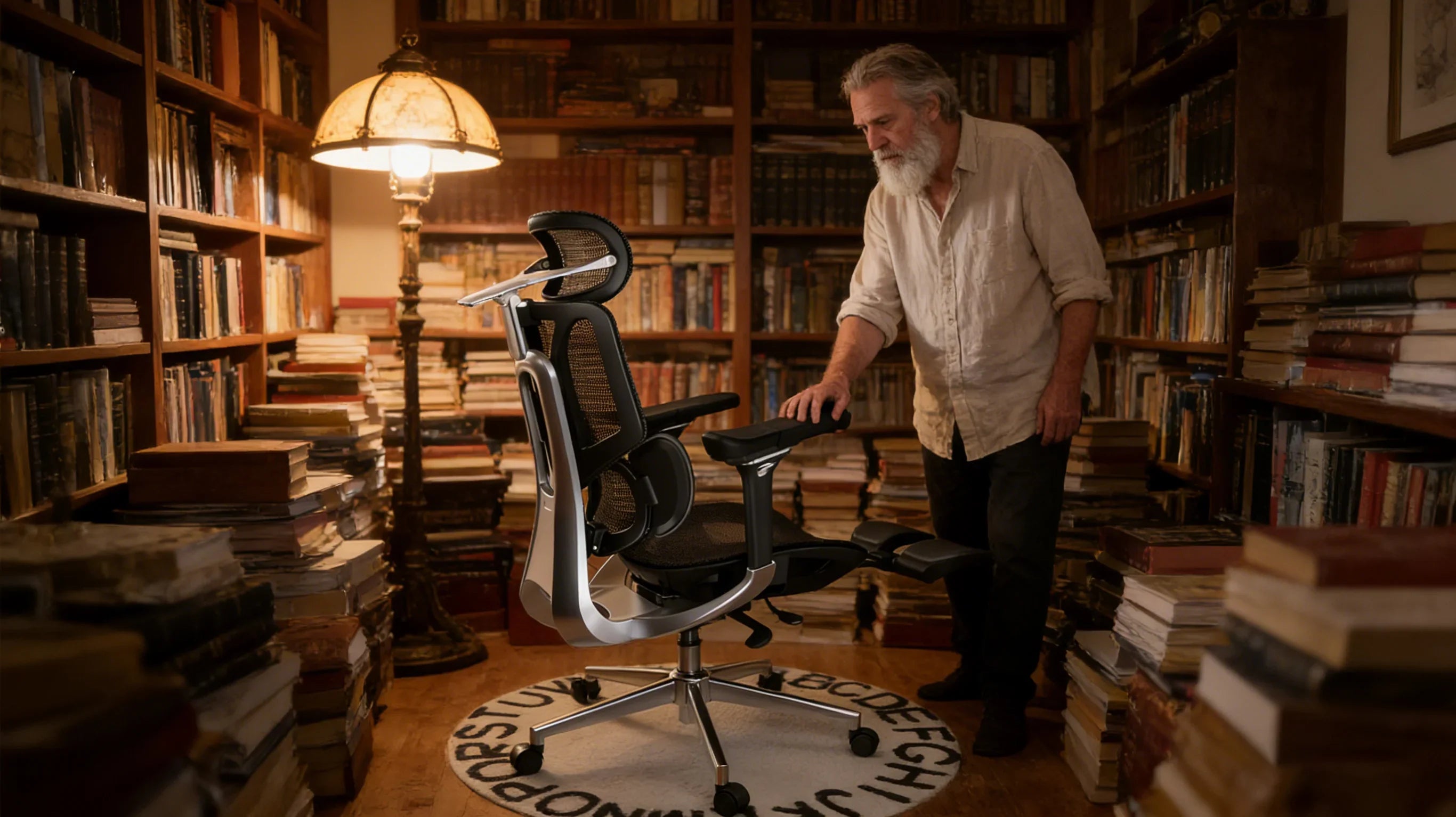 An elderly European writer relaxing in his [**comfortable office desk chair**].