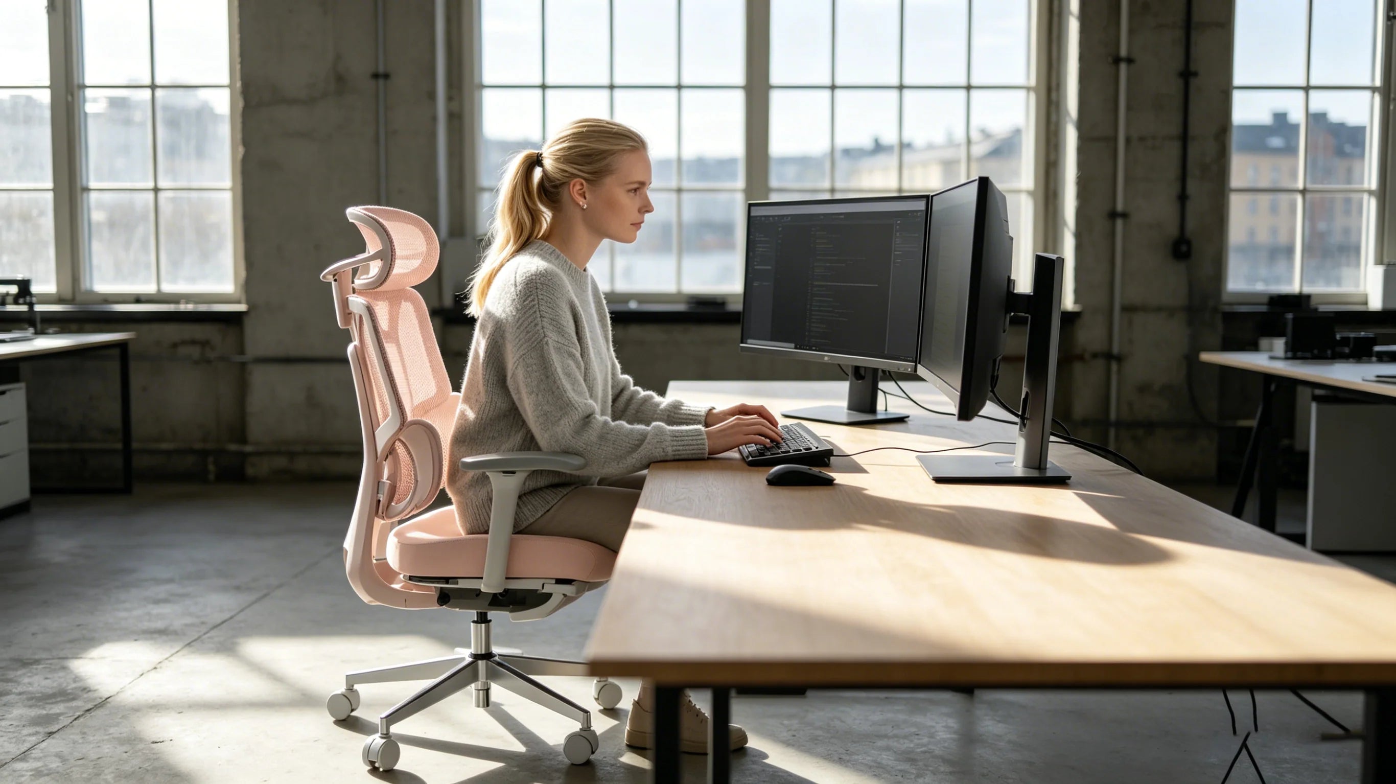 Elin at her white oak desk in Stockholm using the comfortable office seating in pink.