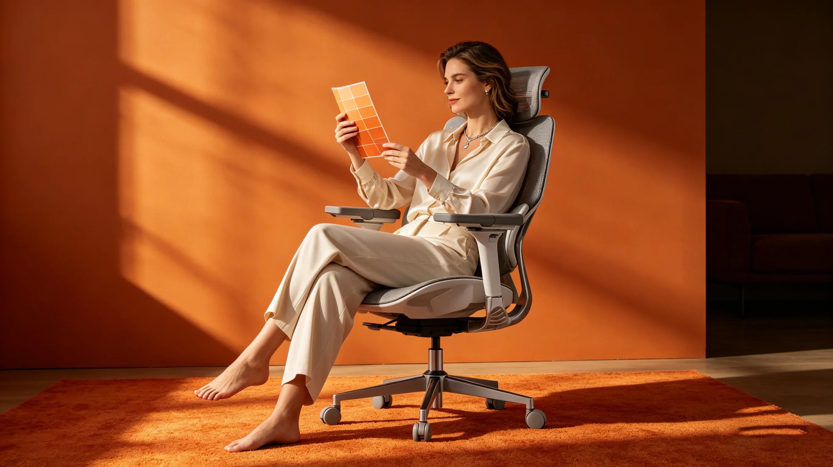 A professional European designer evaluating the aesthetic and comfort of [**comfortable office seating**].
