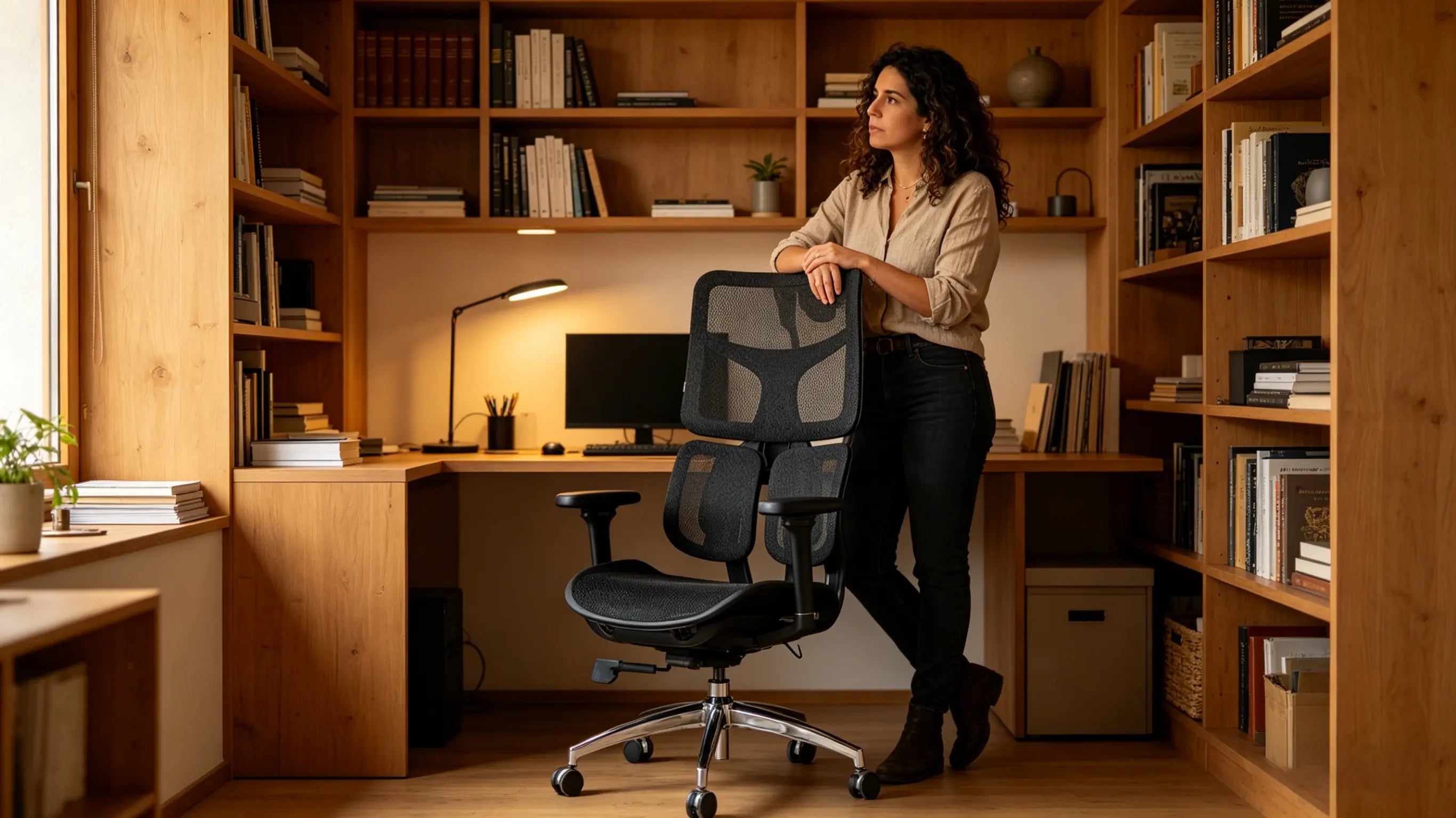 Elena analizando presupuestos para su estudio sentado en su silla de escritorio ergonomica de Ergo Select en Sevilla