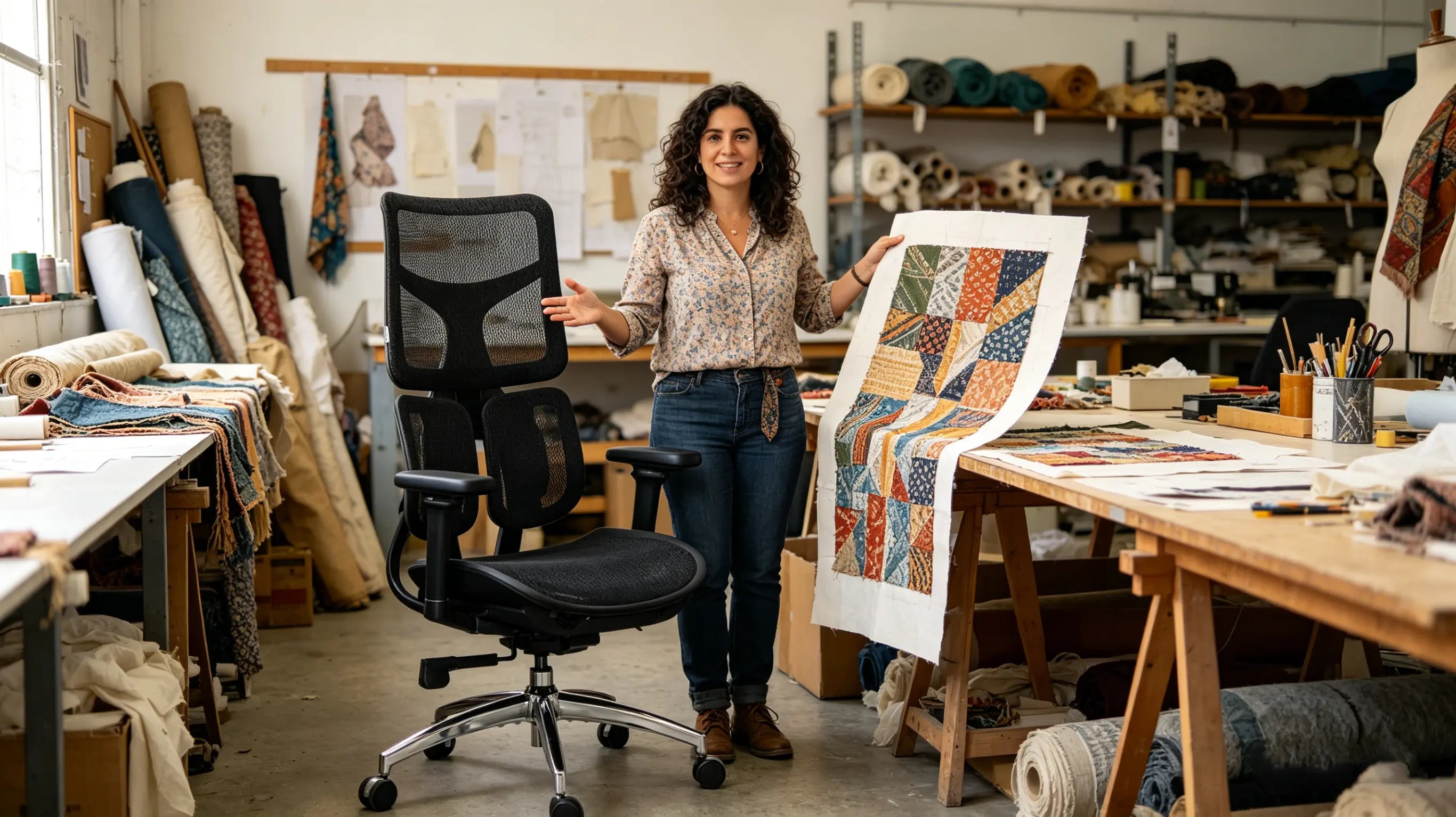 Silvia trabajando en sus diseños textiles sentada en la nueva silla tras comprar silla ergonómica de Ergo Select en Cáceres.