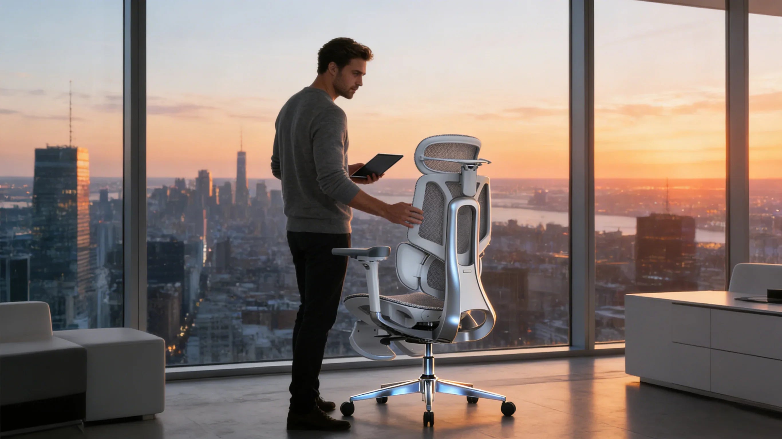 A European space designer showcasing [**cool ergonomic office chairs**] in a luxury office.